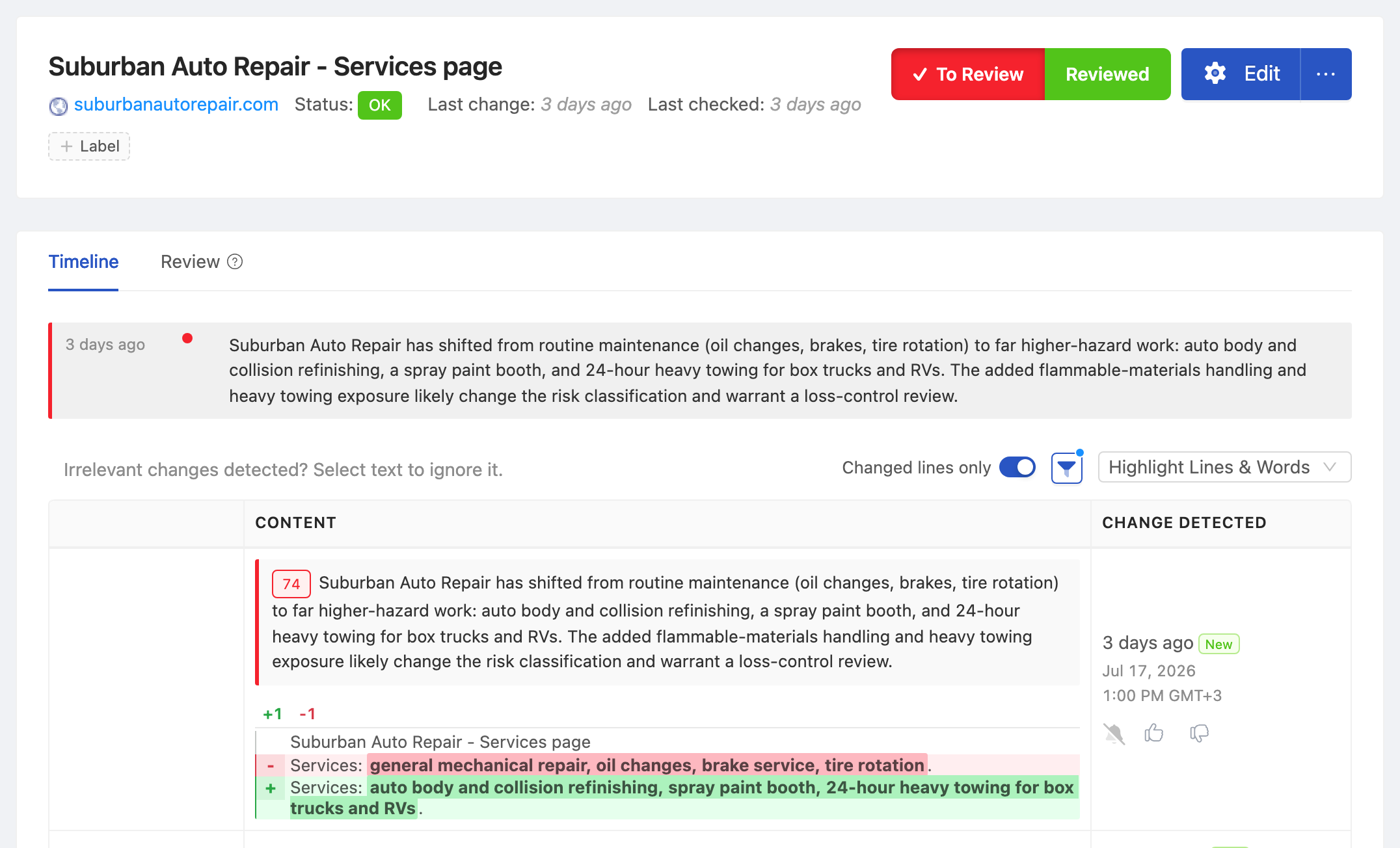 PageCrawl change diff for Suburban Auto Repair - Services page, highlighting the added and removed text