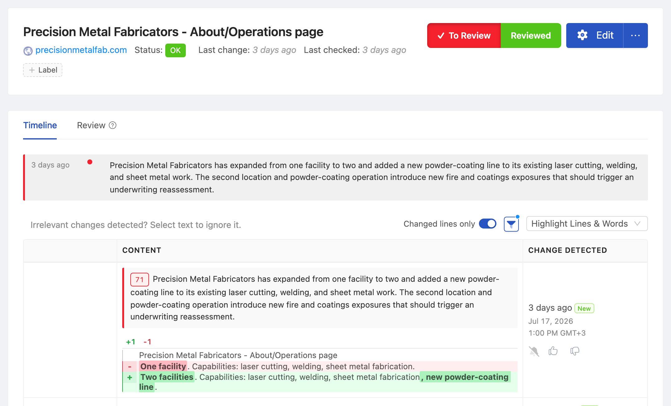 PageCrawl change diff for Precision Metal Fabricators - About/Operations page, highlighting the added and removed text