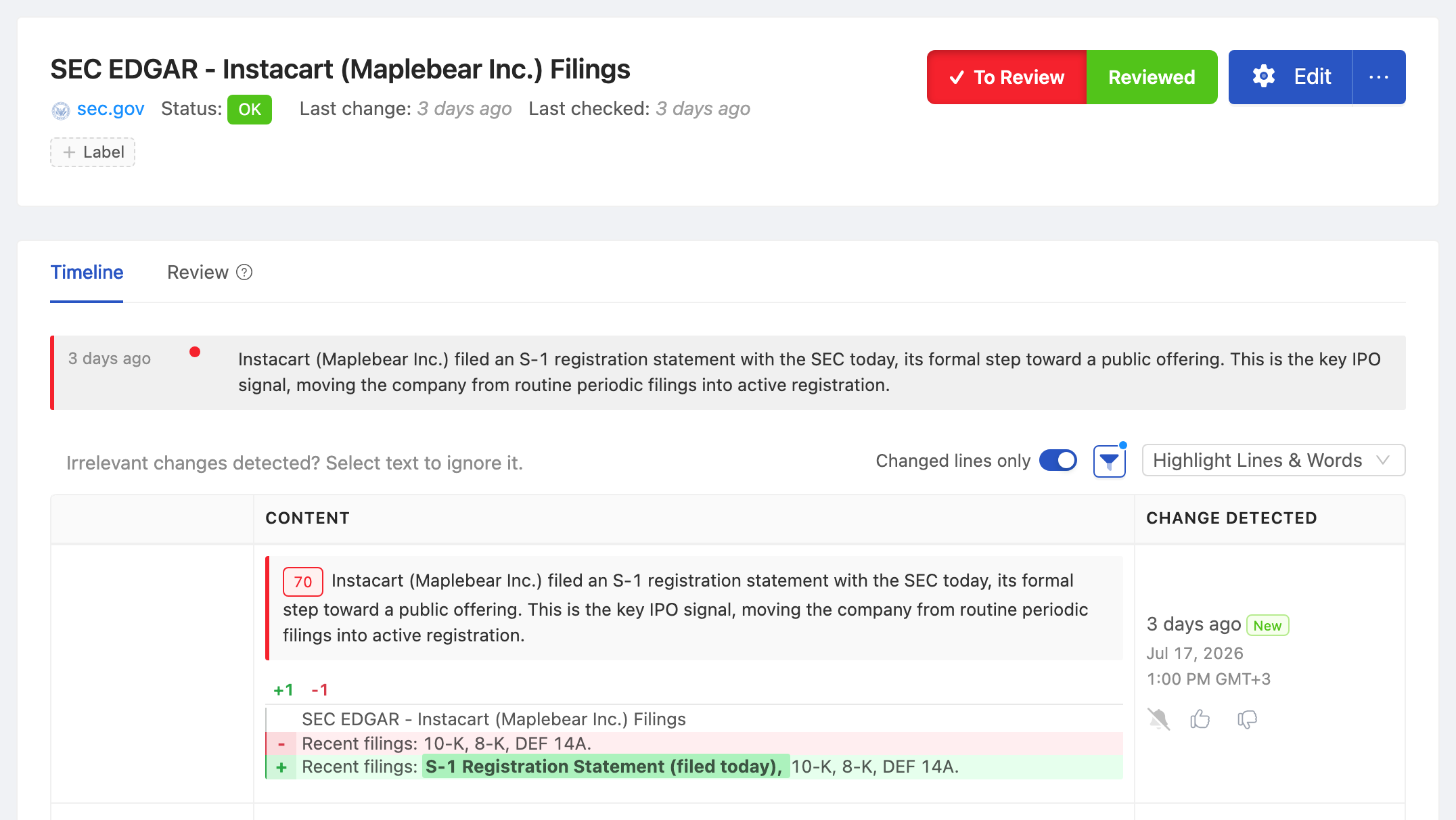 PageCrawl change diff for SEC EDGAR - Instacart (Maplebear Inc.) Filings, highlighting the added and removed text