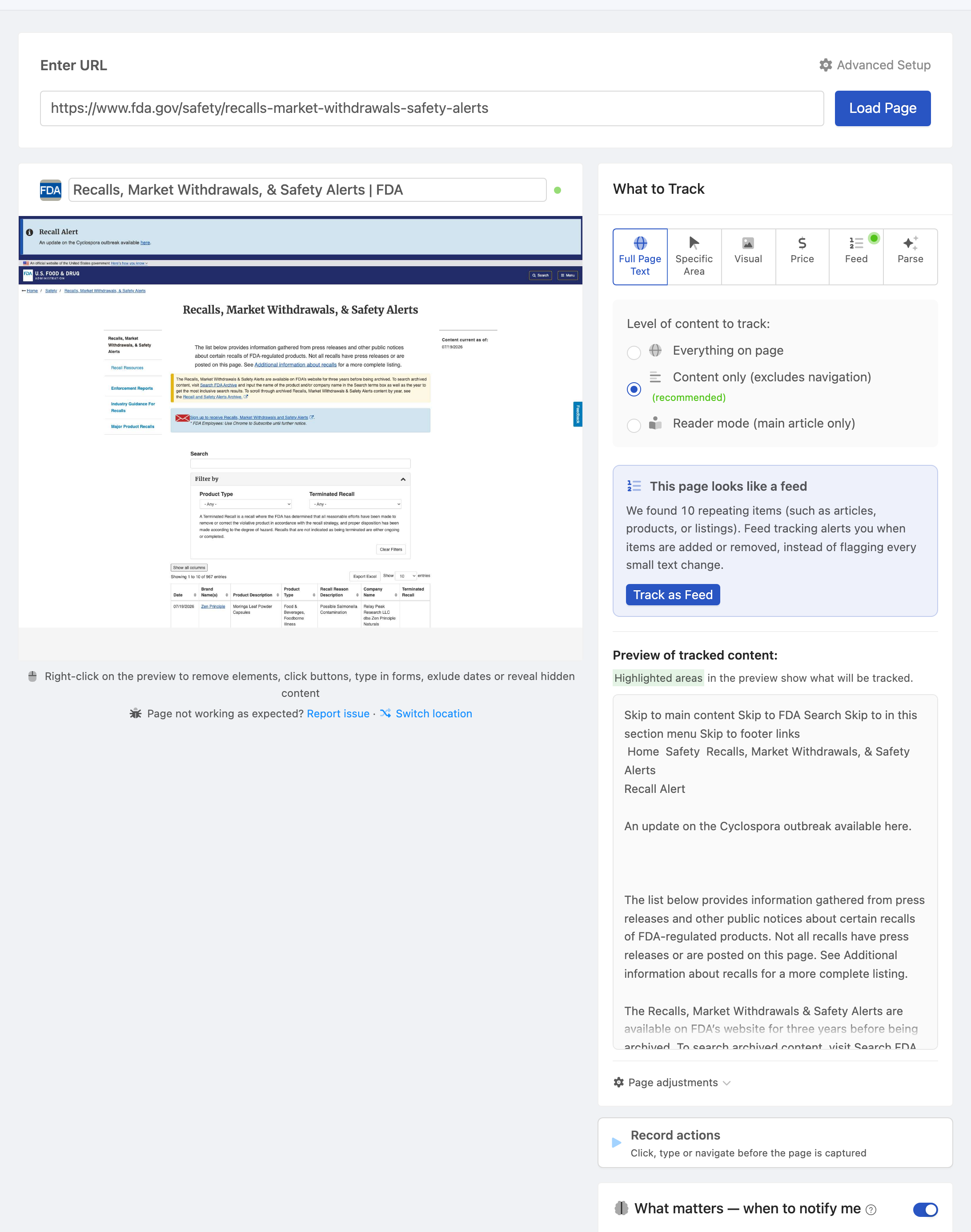 Setting up a PageCrawl monitor for Supplier recall page keyword watch