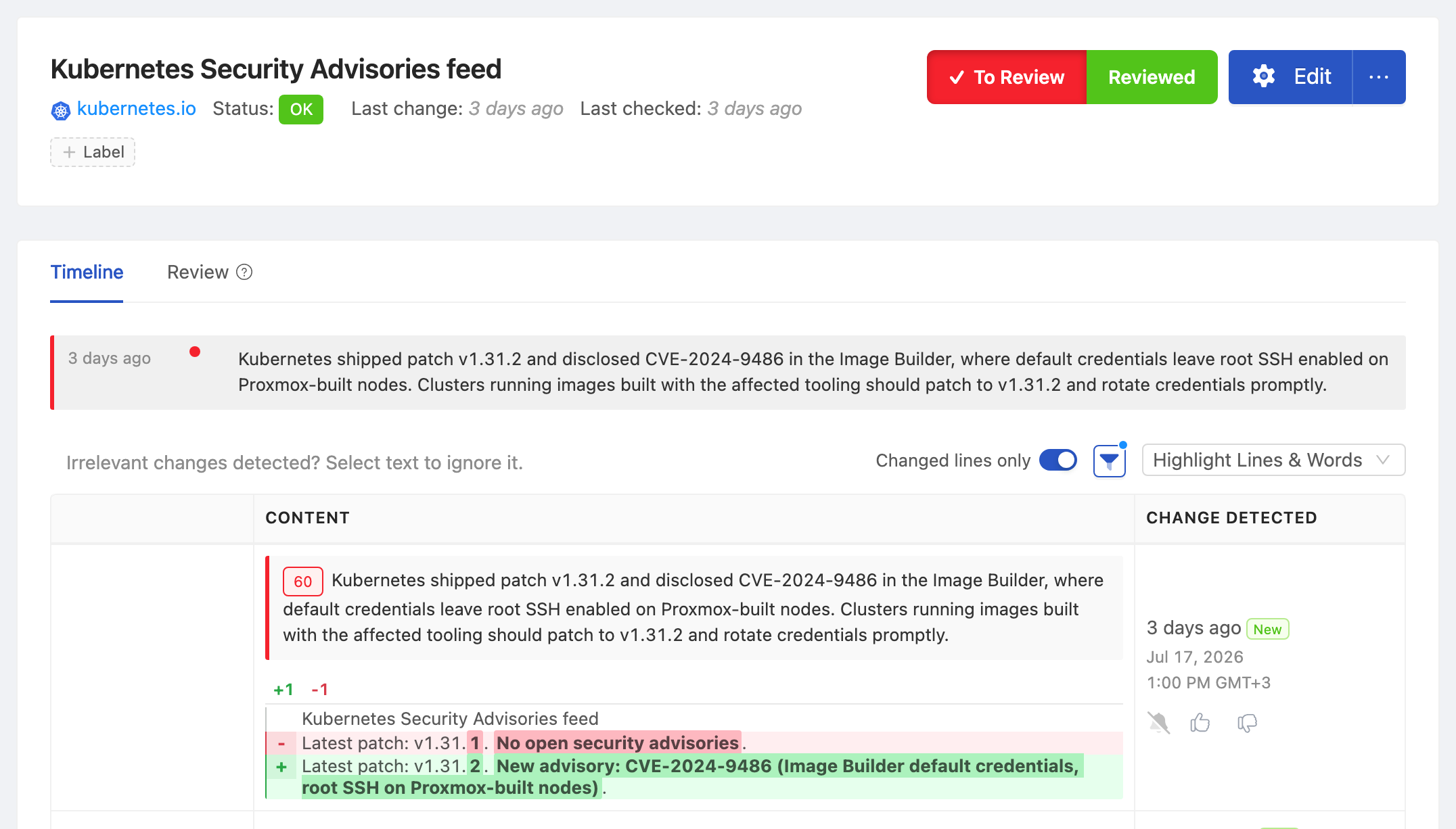 PageCrawl change diff for Kubernetes Security Advisories feed, highlighting the added and removed text