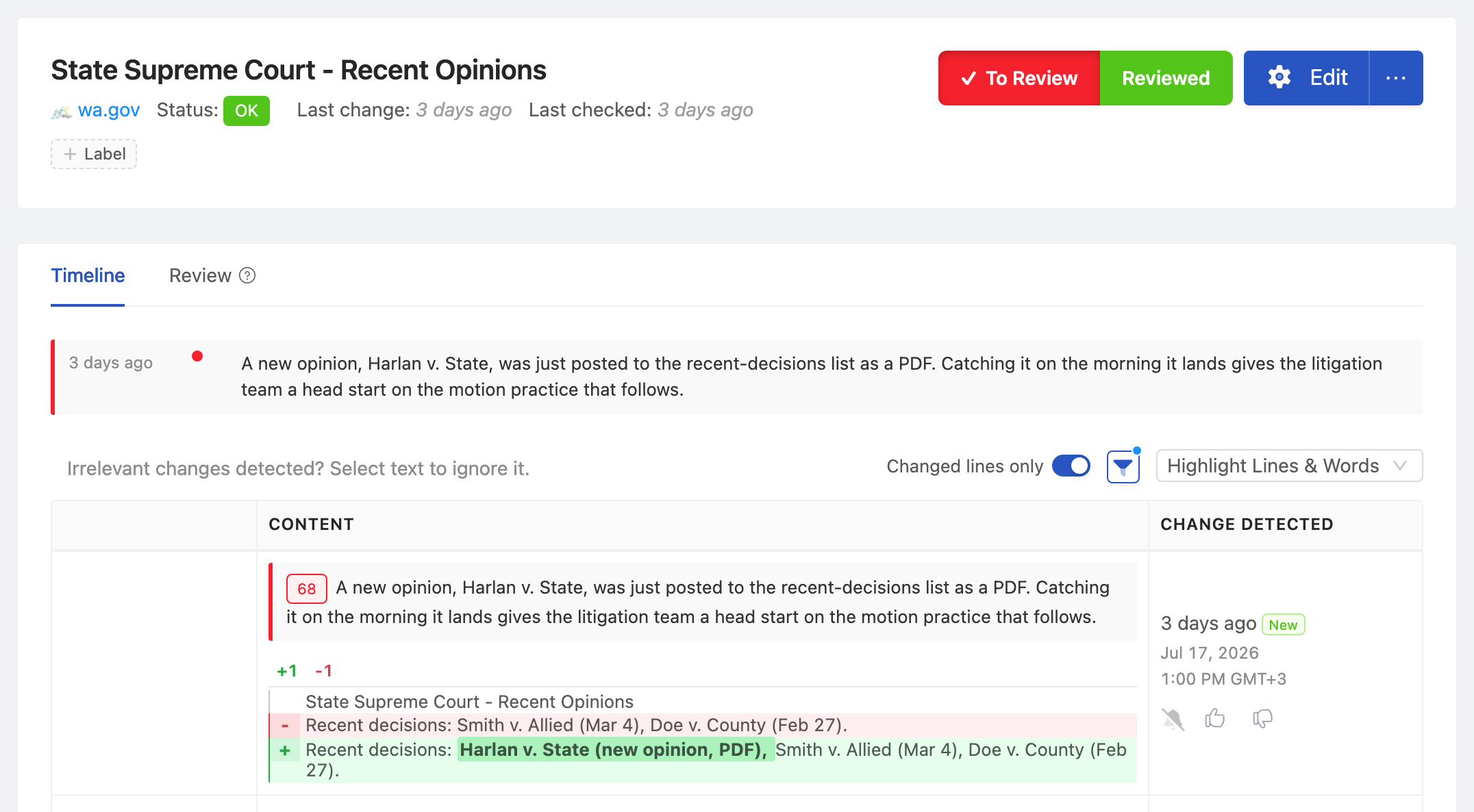 PageCrawl change diff for State Supreme Court - Recent Opinions, highlighting the added and removed text