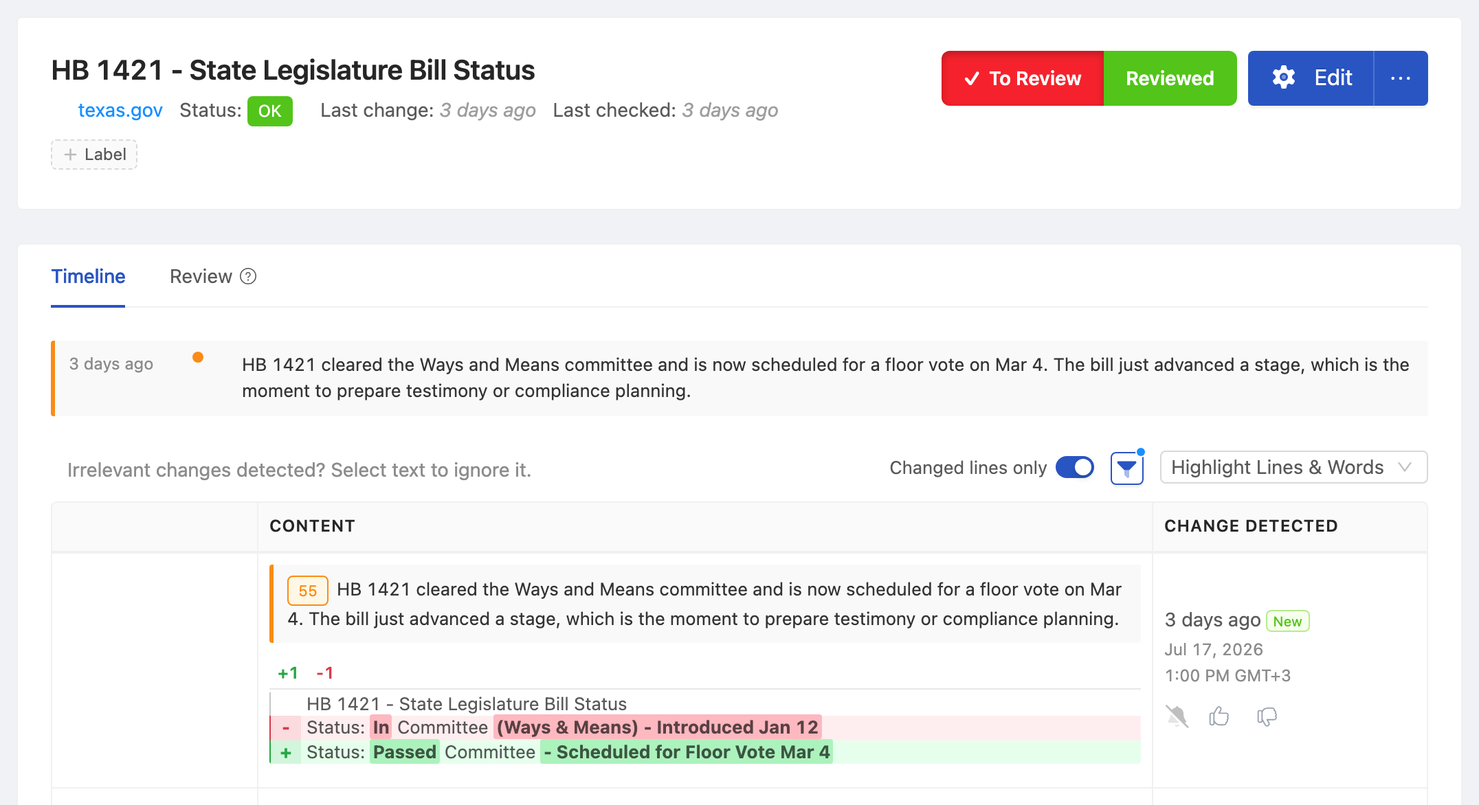 PageCrawl change diff for HB 1421 - State Legislature Bill Status, highlighting the added and removed text