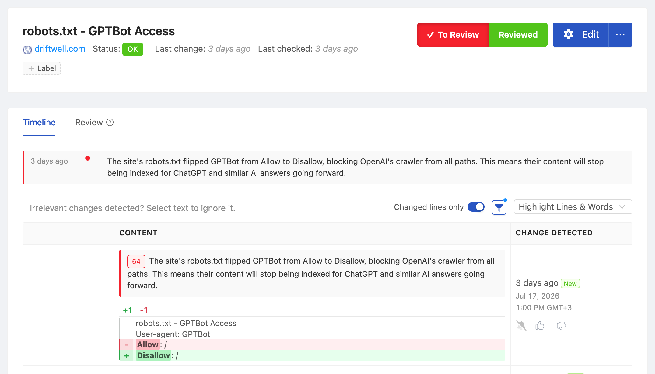 PageCrawl change diff for robots.txt - GPTBot Access, highlighting the added and removed text