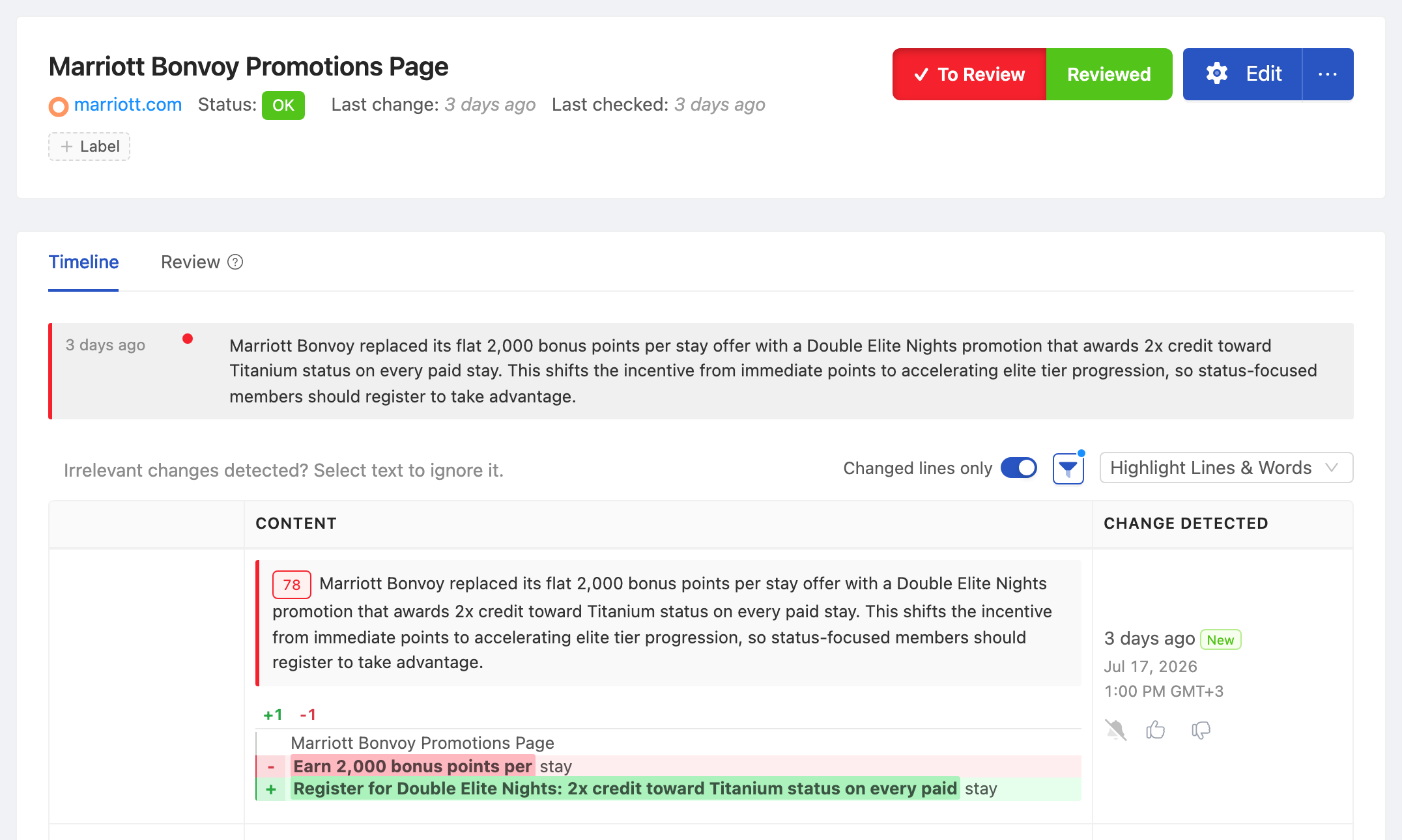 PageCrawl change diff for Marriott Bonvoy Promotions Page, highlighting the added and removed text