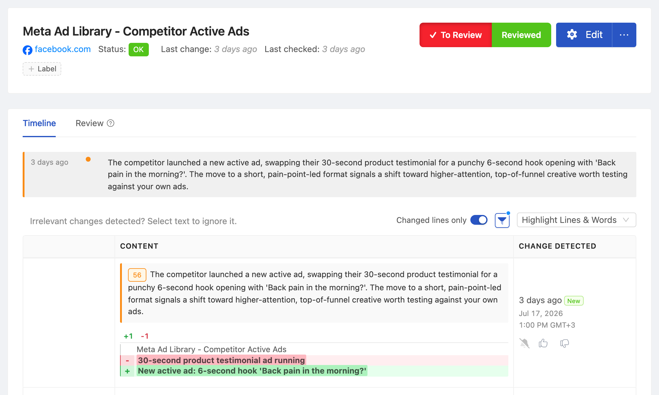 PageCrawl change diff for Meta Ad Library - Competitor Active Ads, highlighting the added and removed text