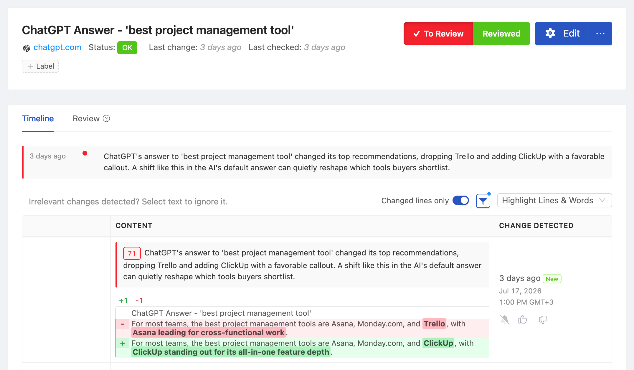 PageCrawl change diff for ChatGPT Answer - 'best project management tool', highlighting the added and removed text