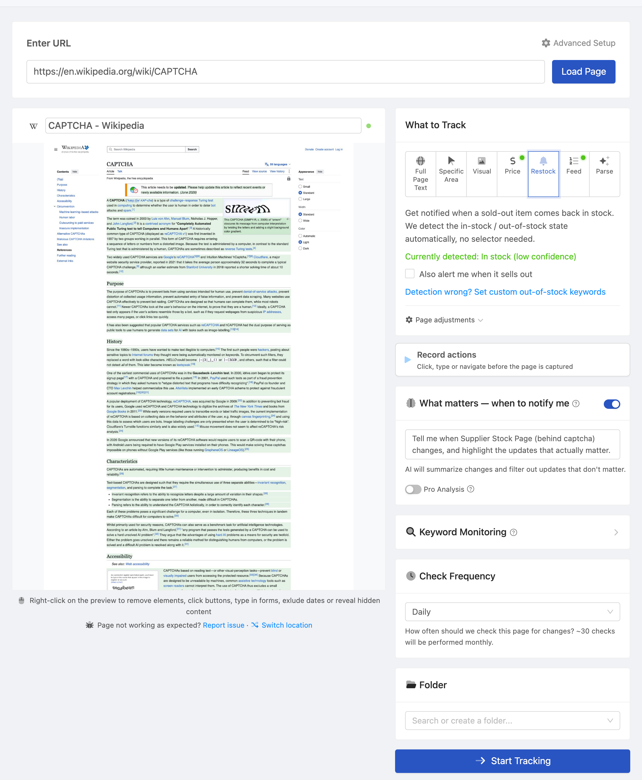 Setting up a PageCrawl monitor for Supplier Stock Page (behind captcha)