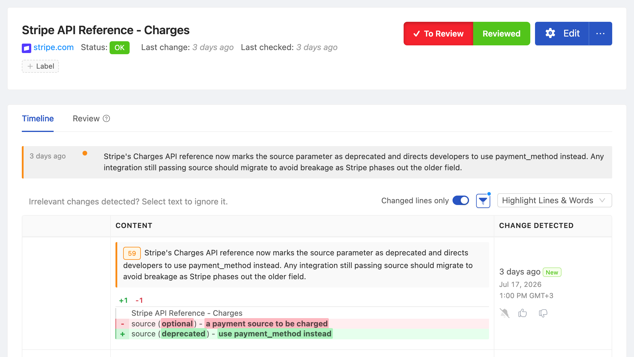 PageCrawl change diff for Stripe API Reference - Charges, highlighting the added and removed text