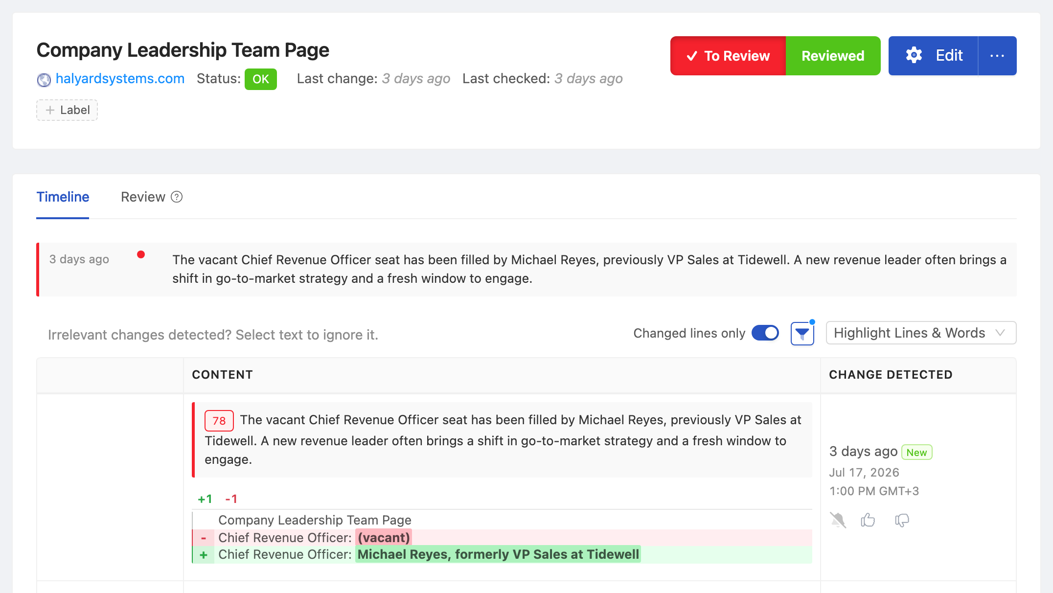 PageCrawl change diff for Company Leadership Team Page, highlighting the added and removed text