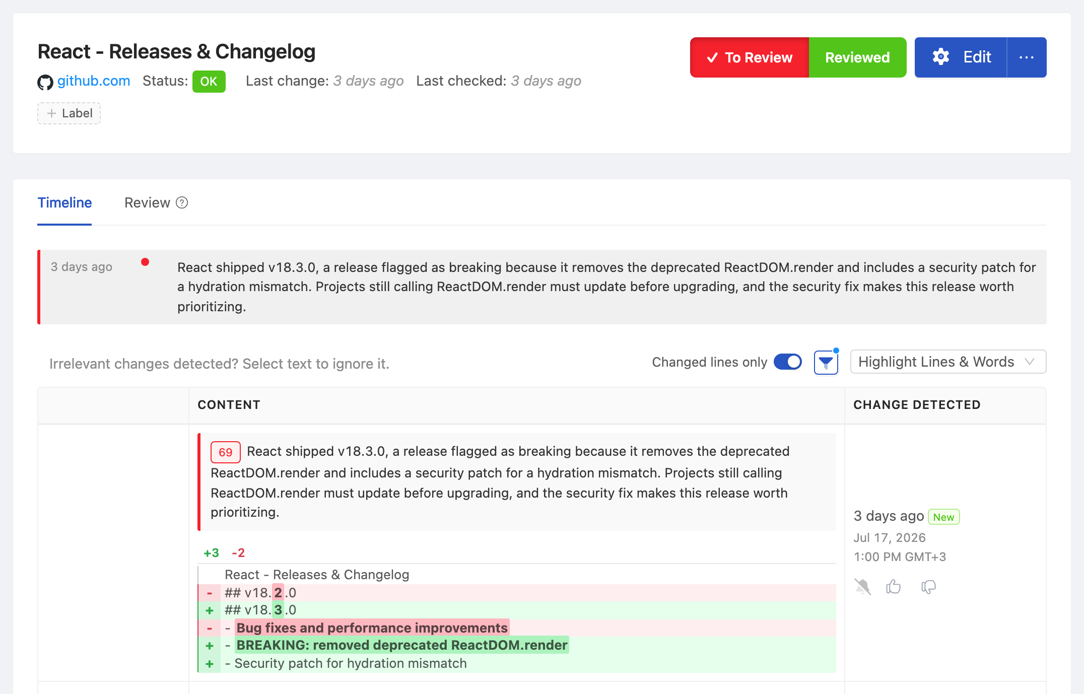 PageCrawl change diff for React - Releases & Changelog, highlighting the added and removed text