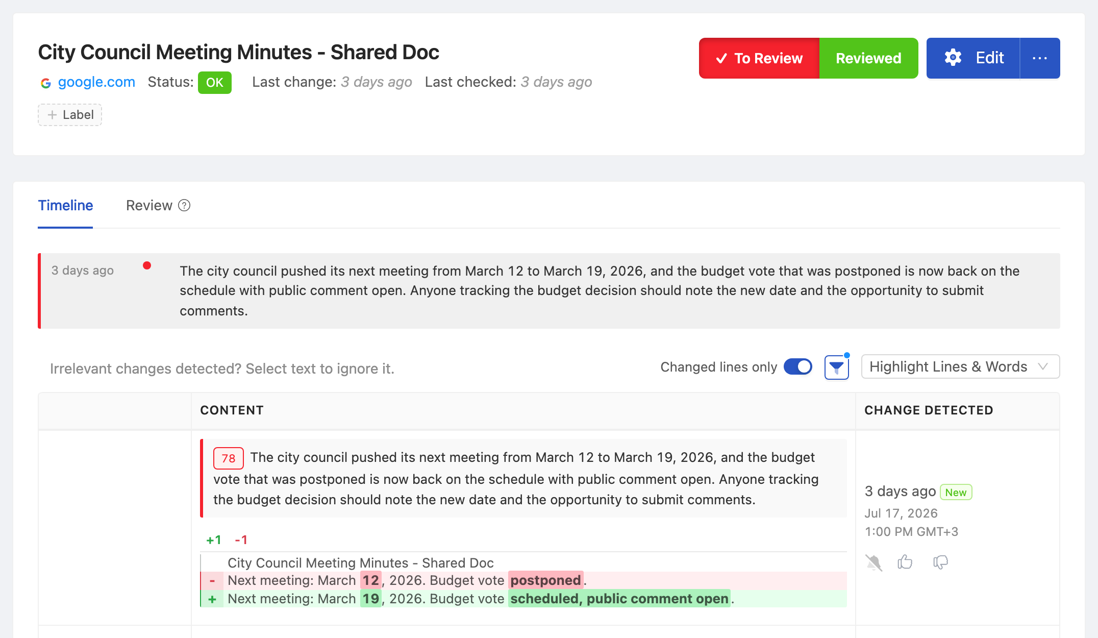 PageCrawl change diff for City Council Meeting Minutes - Shared Doc, highlighting the added and removed text