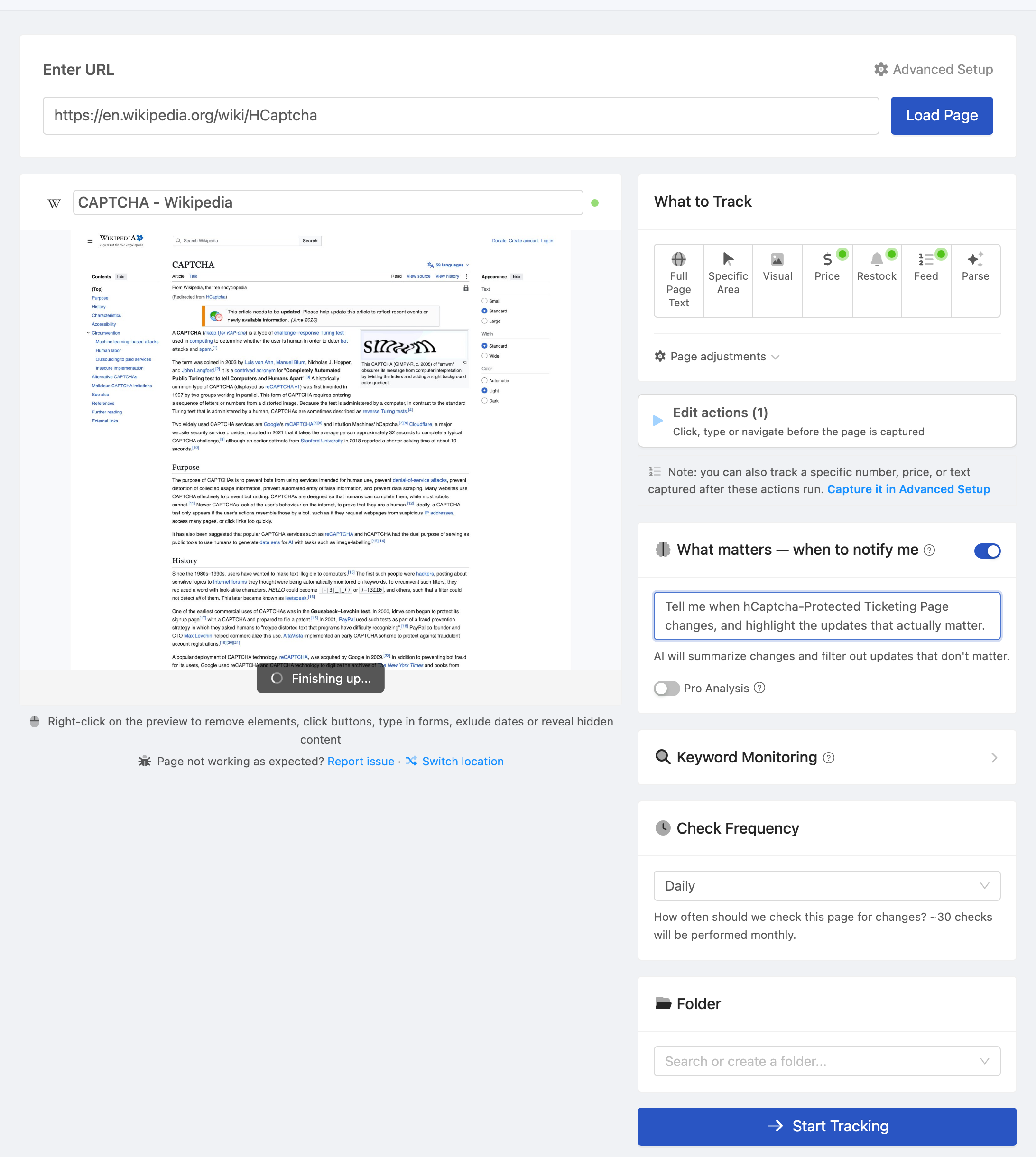 Setting up a PageCrawl monitor for hCaptcha-Protected Ticketing Page