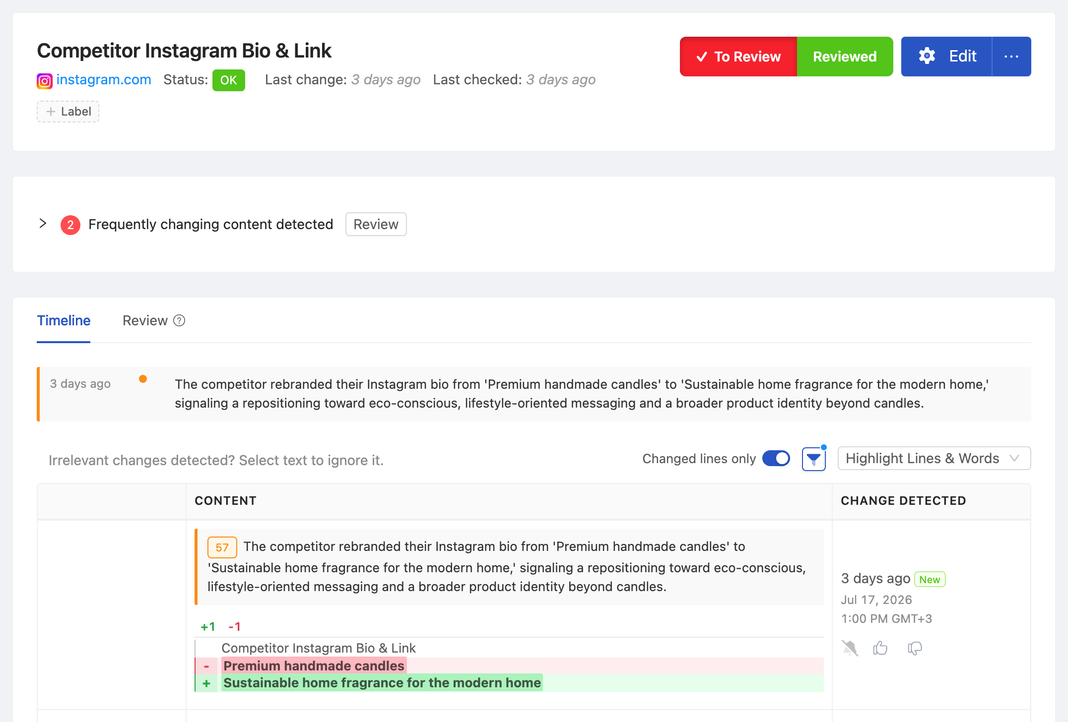 PageCrawl change diff for Competitor Instagram Bio & Link, highlighting the added and removed text