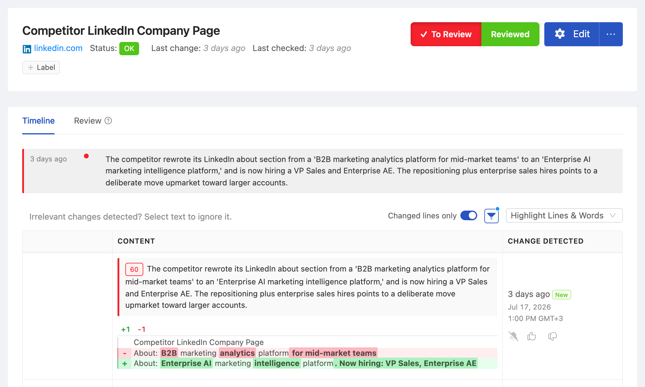 PageCrawl change diff for Competitor LinkedIn Company Page, highlighting the added and removed text