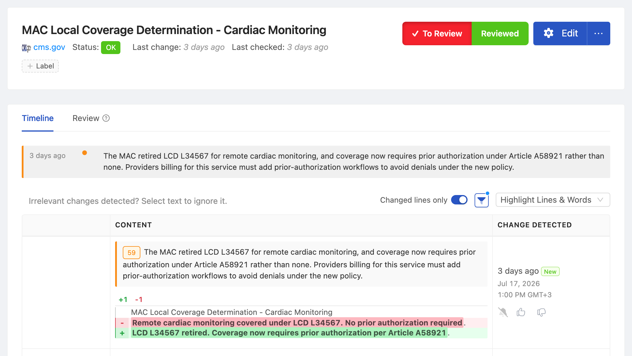PageCrawl change diff for MAC Local Coverage Determination - Cardiac Monitoring, highlighting the added and removed text