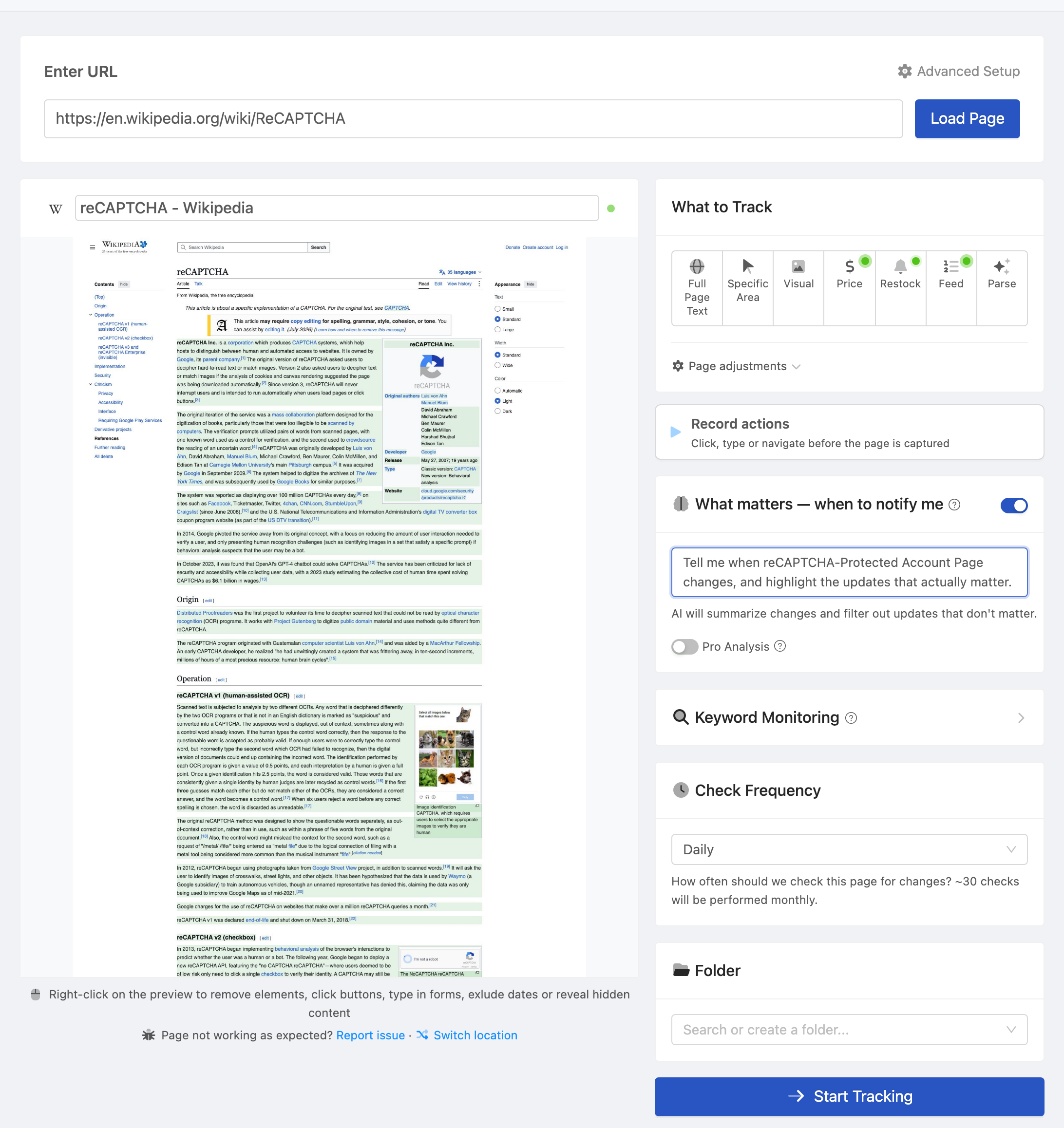 Setting up a PageCrawl monitor for reCAPTCHA-Protected Account Page