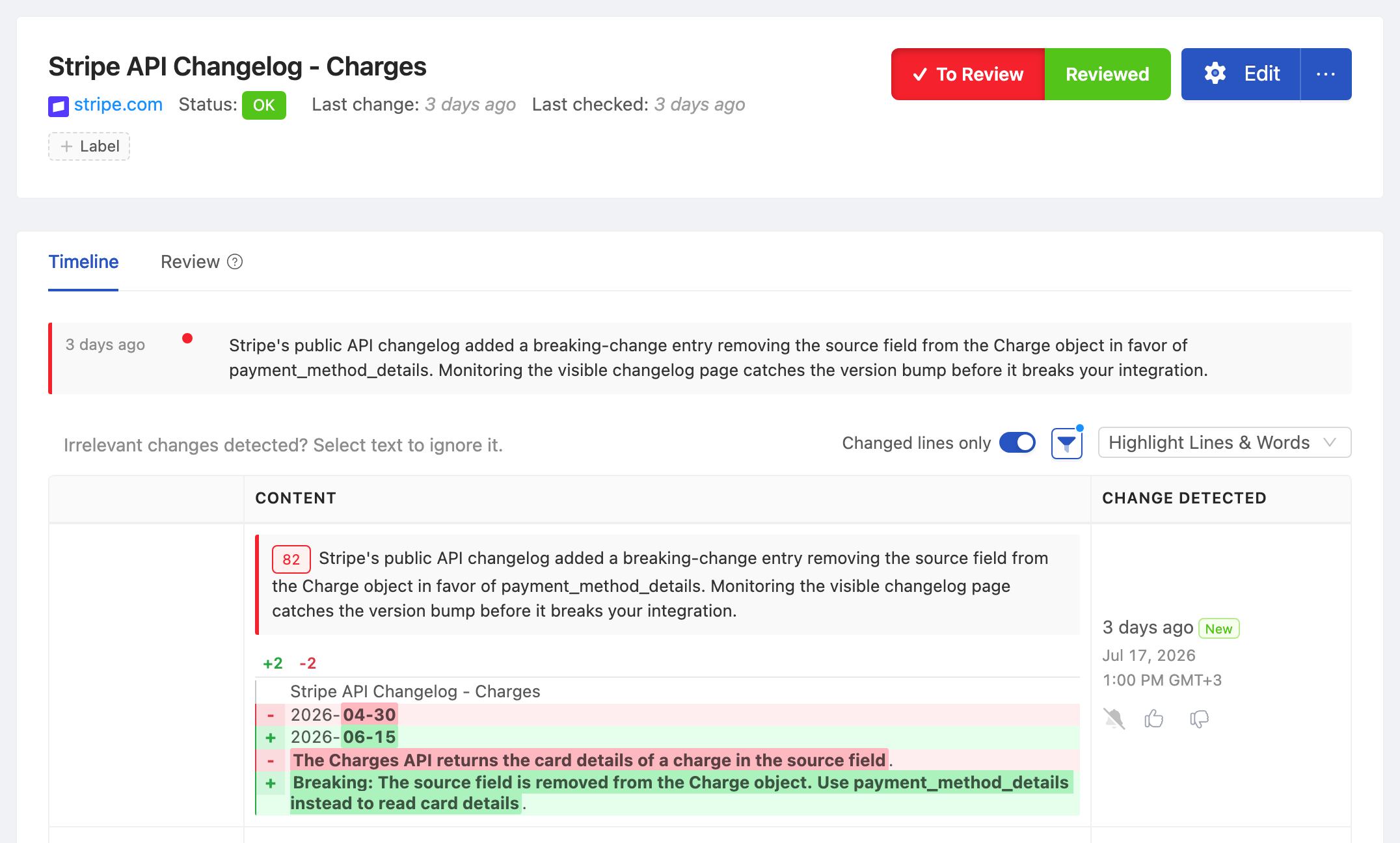 PageCrawl change diff for Stripe API - /v1/charges response, highlighting the added and removed text