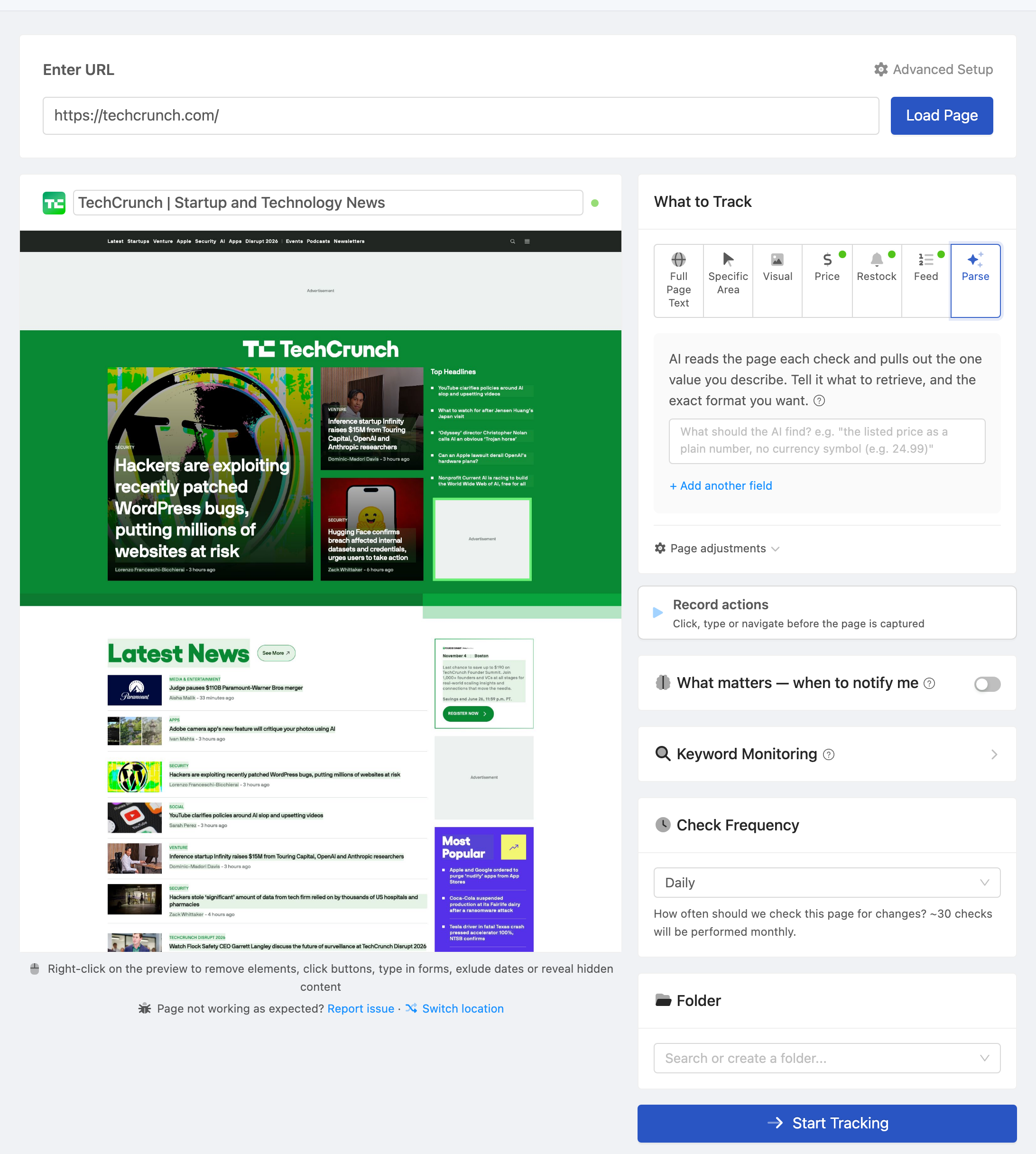 Setting up a PageCrawl monitor for TechCrunch RSS Feed