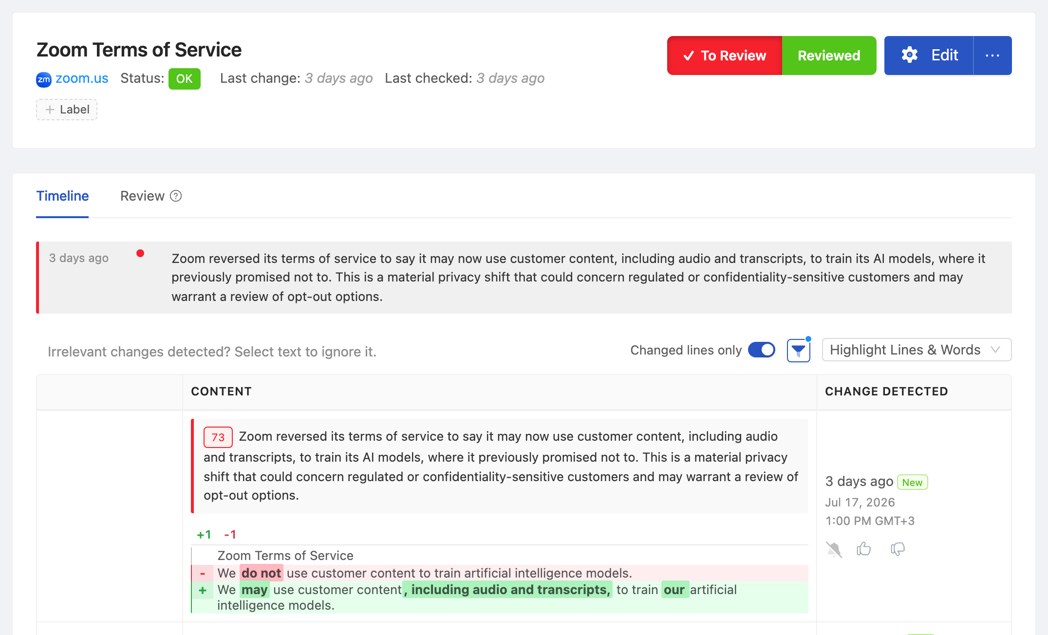 PageCrawl change diff for Zoom Terms of Service, highlighting the added and removed text