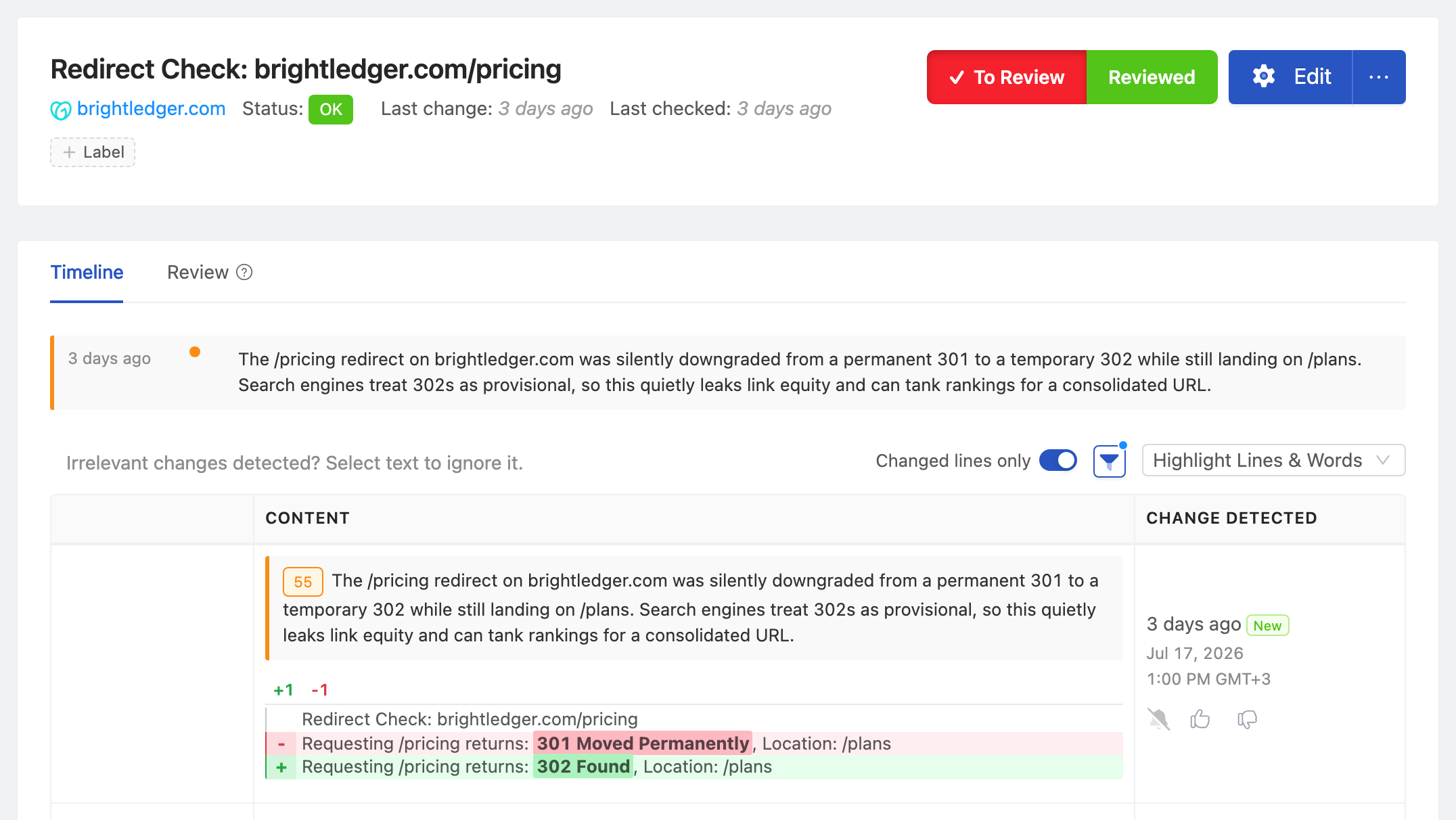 PageCrawl change diff for Redirect: /pricing, highlighting the added and removed text