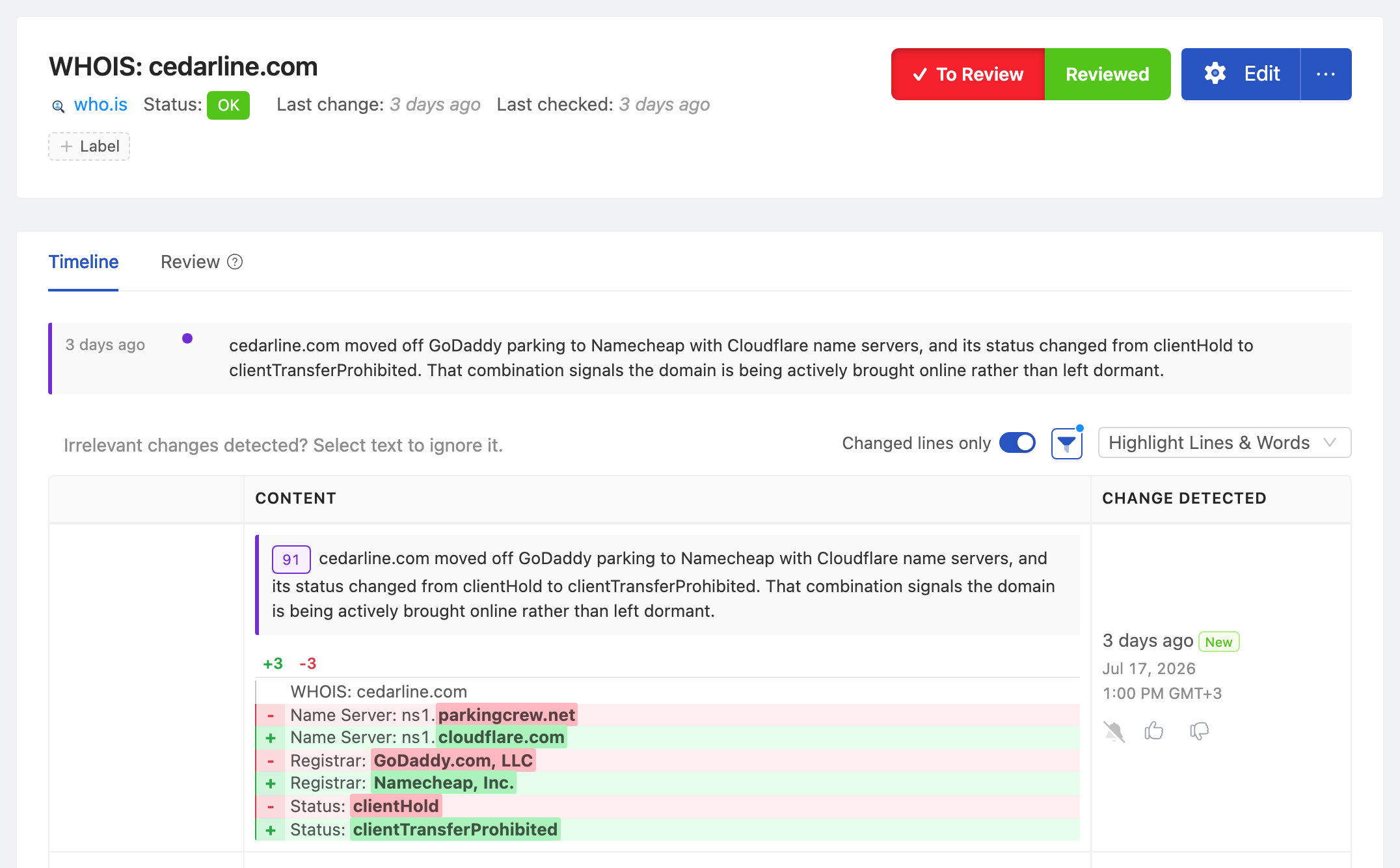 PageCrawl change diff for WHOIS: acme-brand.com, highlighting the added and removed text