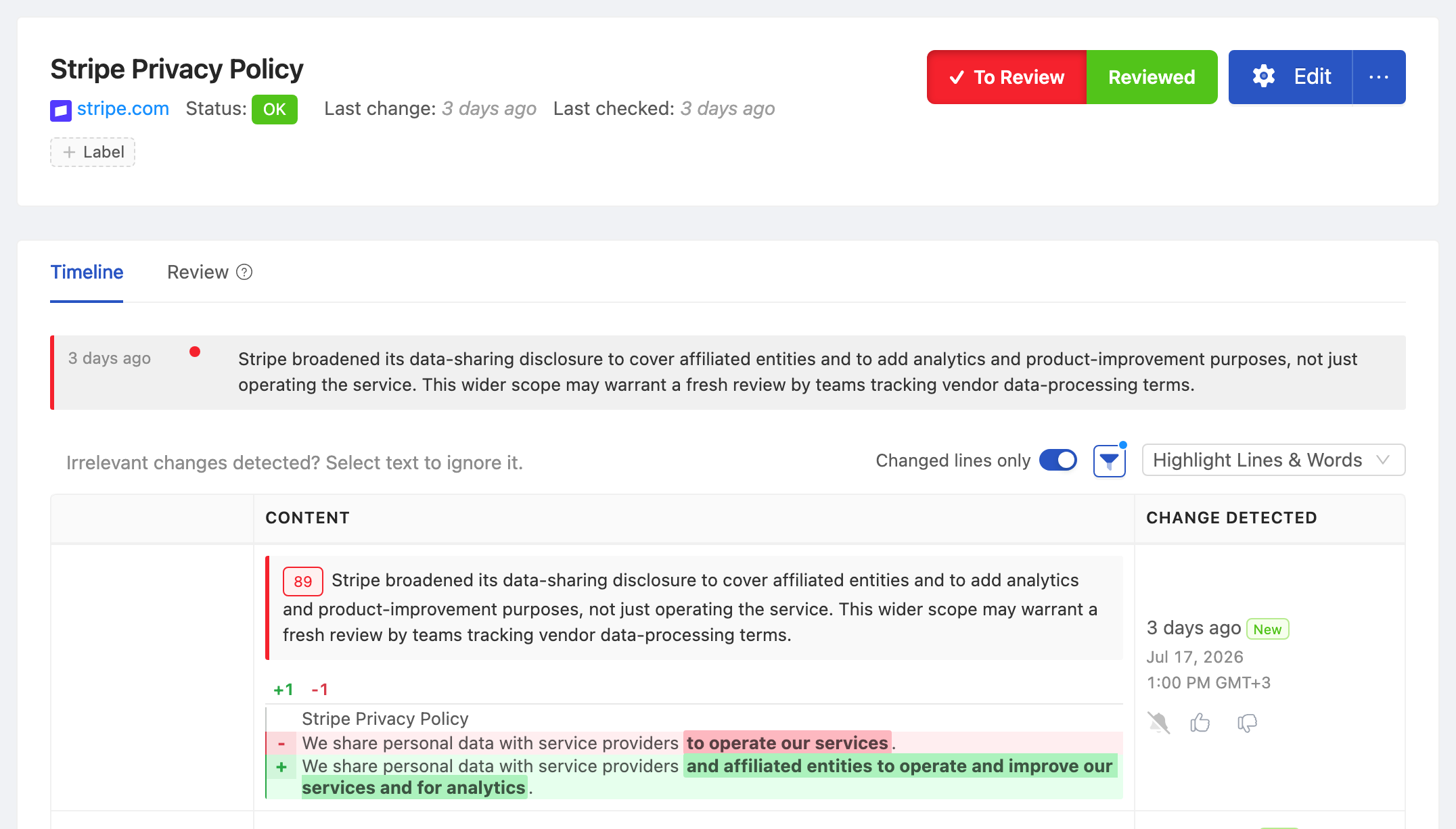 PageCrawl change diff for Stripe Privacy Policy, highlighting the added and removed text