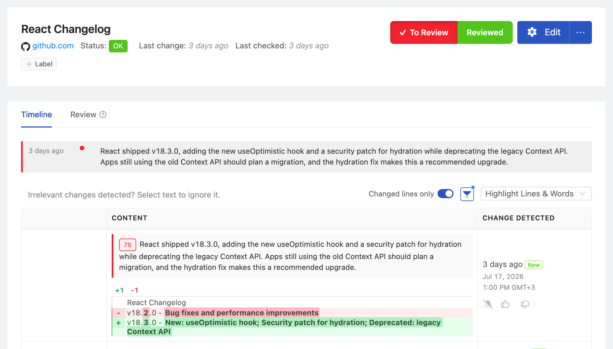 PageCrawl change diff for React Changelog, highlighting the added and removed text