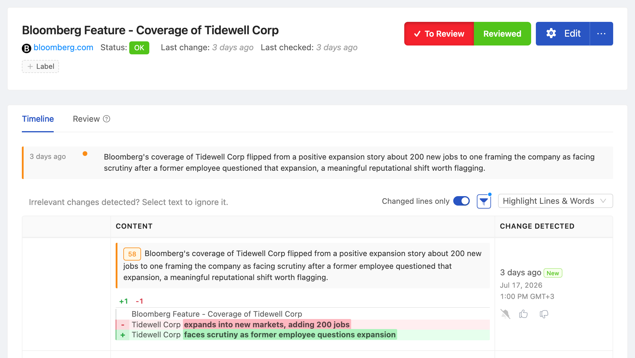 PageCrawl change diff for Bloomberg Feature - Coverage of Acme Corp, highlighting the added and removed text