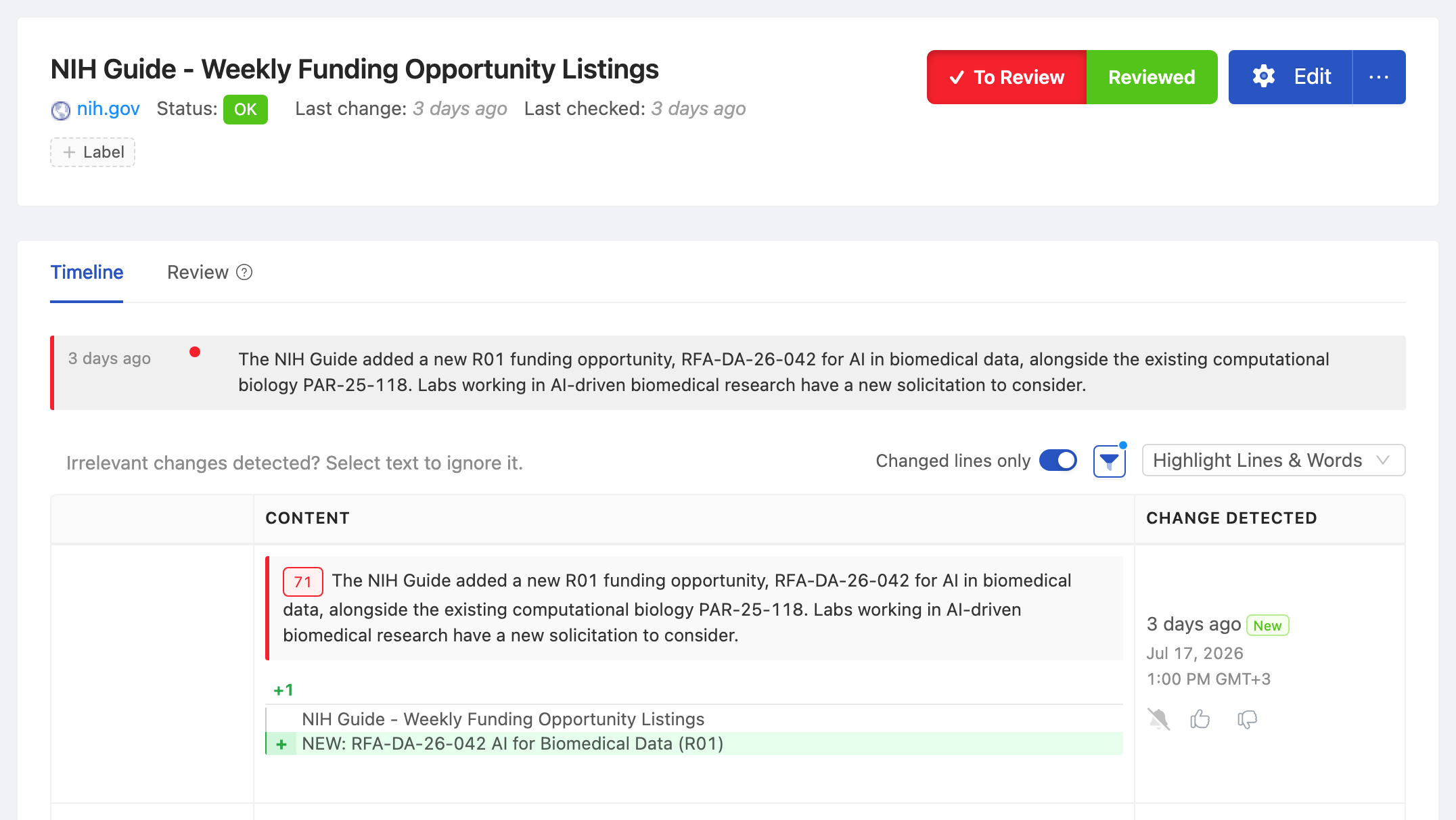 PageCrawl change diff for NIH Guide - Weekly Funding Opportunity Listings, highlighting the added and removed text