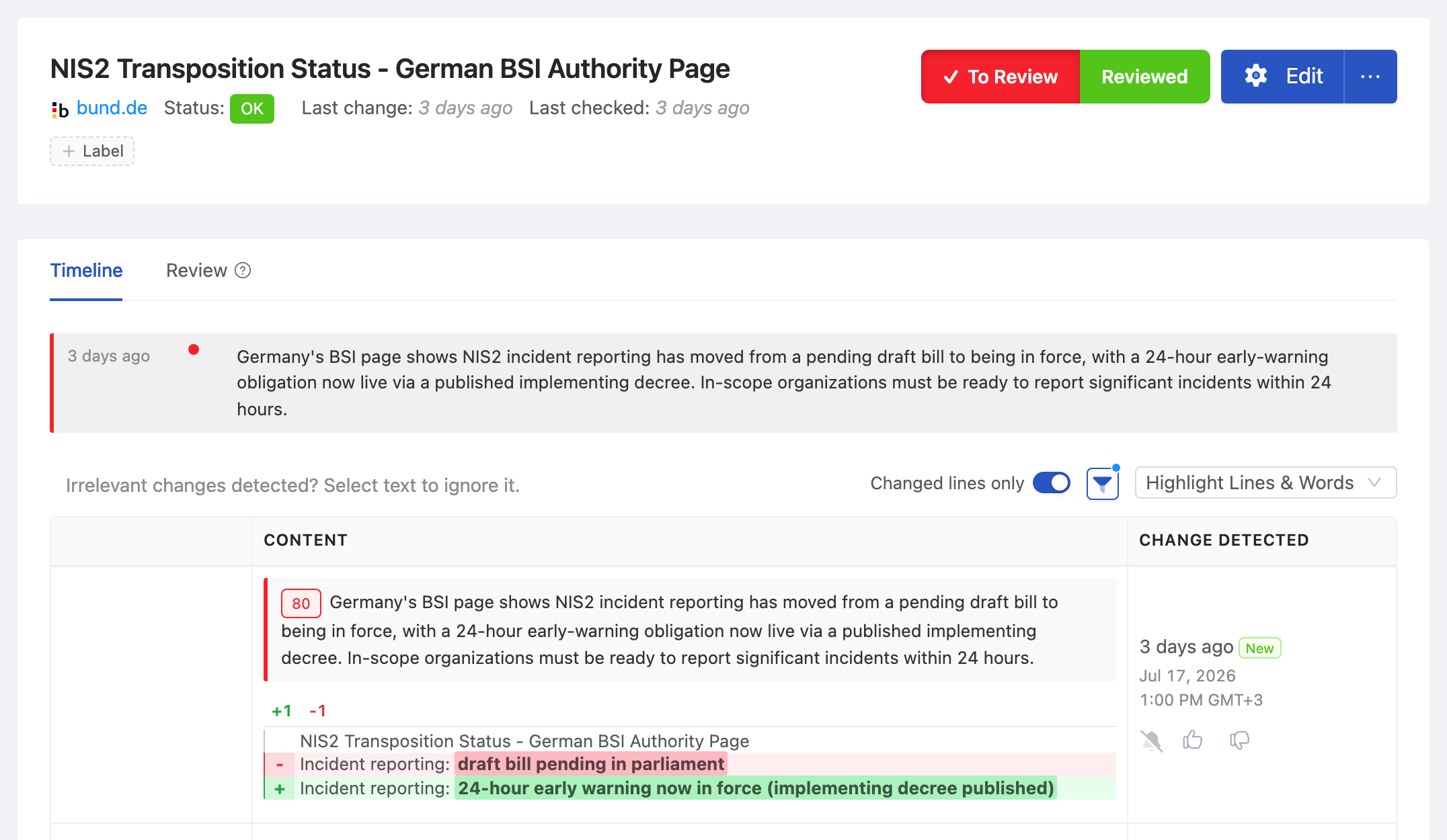 PageCrawl change diff for NIS2 Transposition Status - German BSI Authority Page, highlighting the added and removed text
