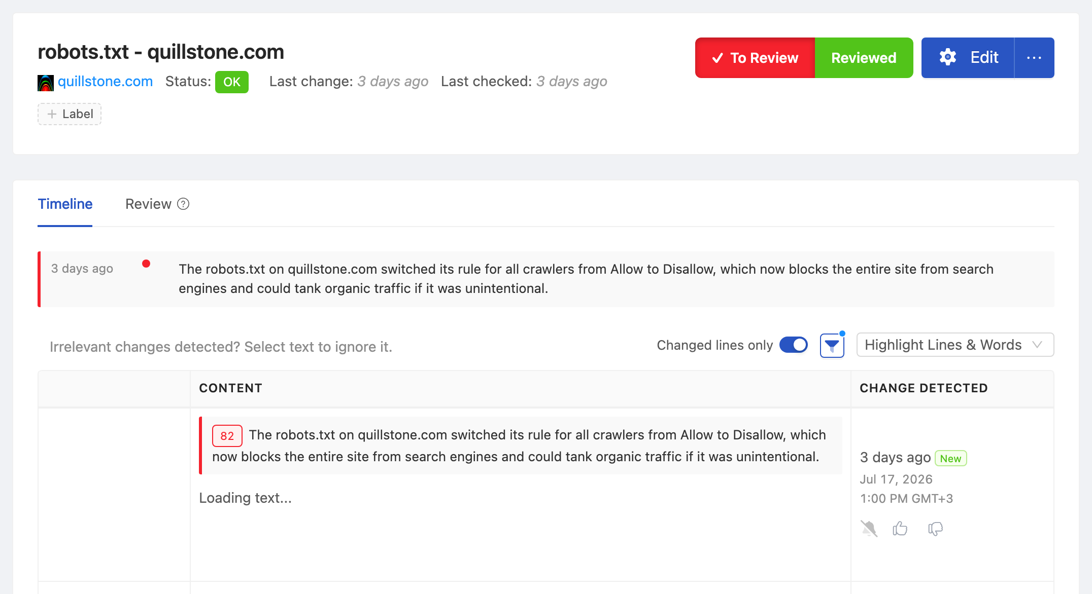 PageCrawl change diff for robots.txt - acmesaas.com, highlighting the added and removed text