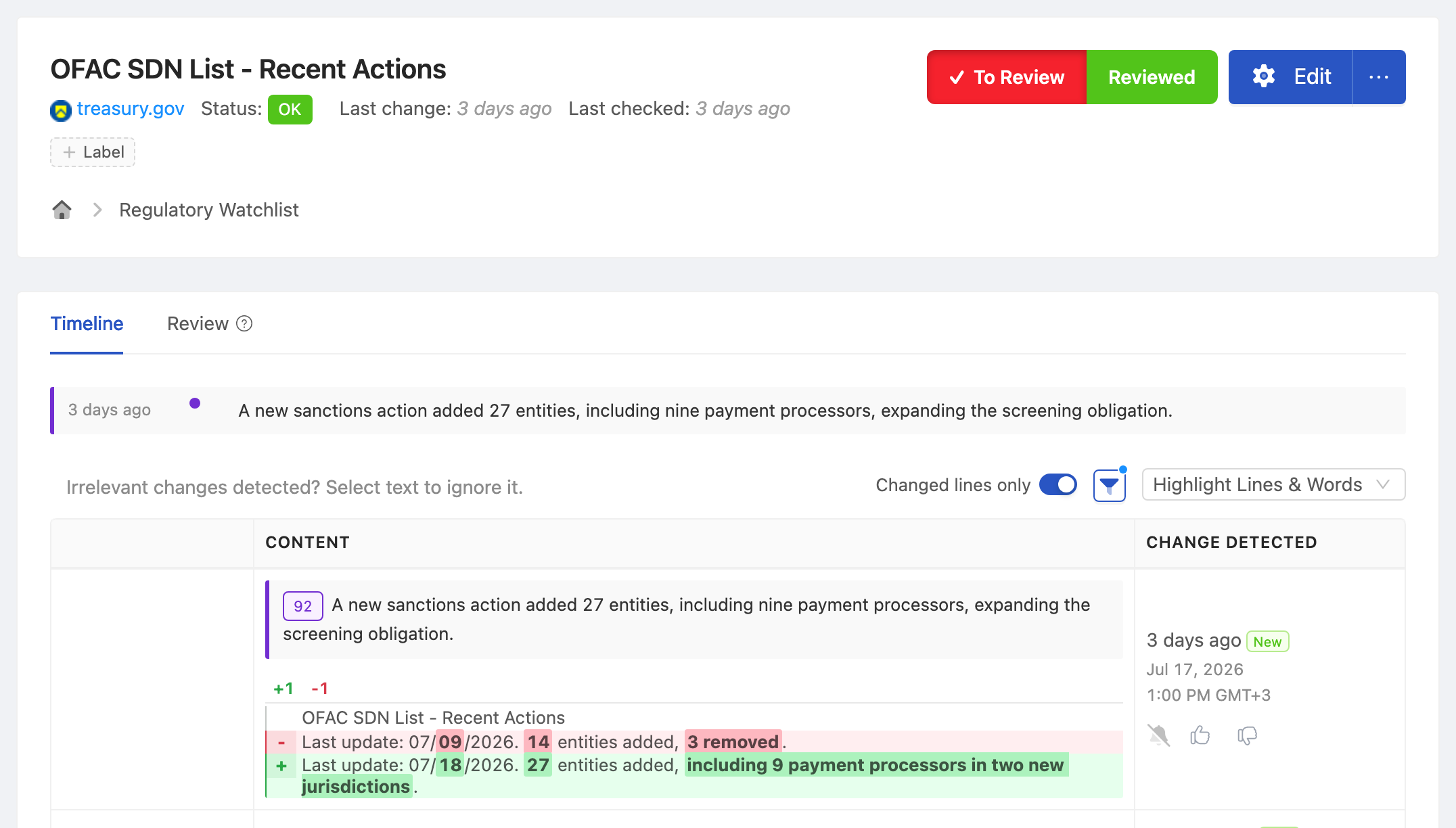 PageCrawl change diff for OFAC SDN List - Recent Actions, highlighting the added and removed text
