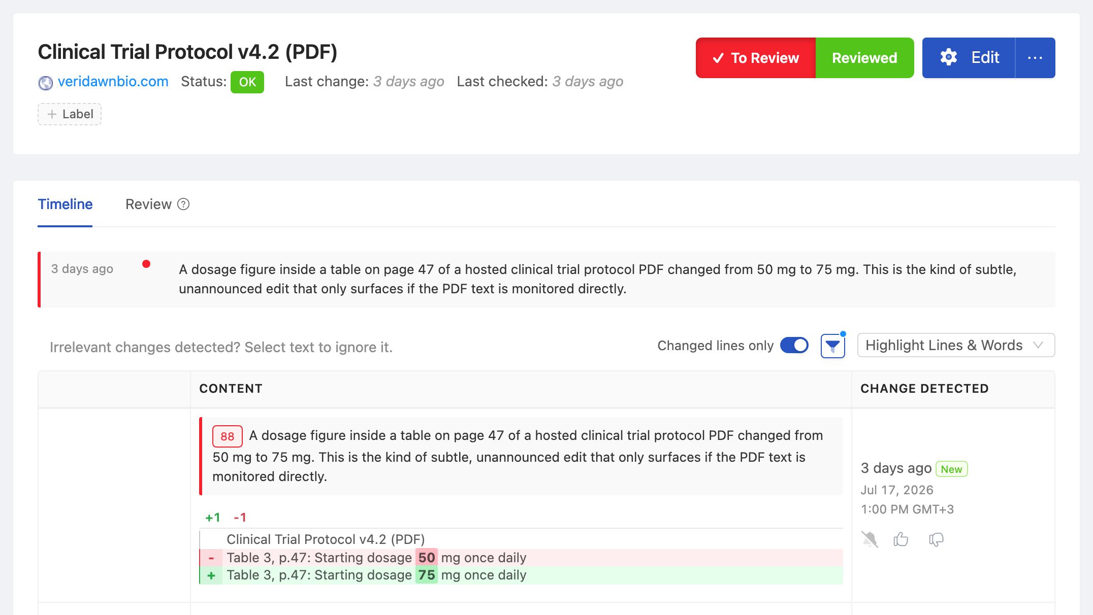 PageCrawl change diff for Clinical Trial Protocol v4.2 (PDF), highlighting the added and removed text