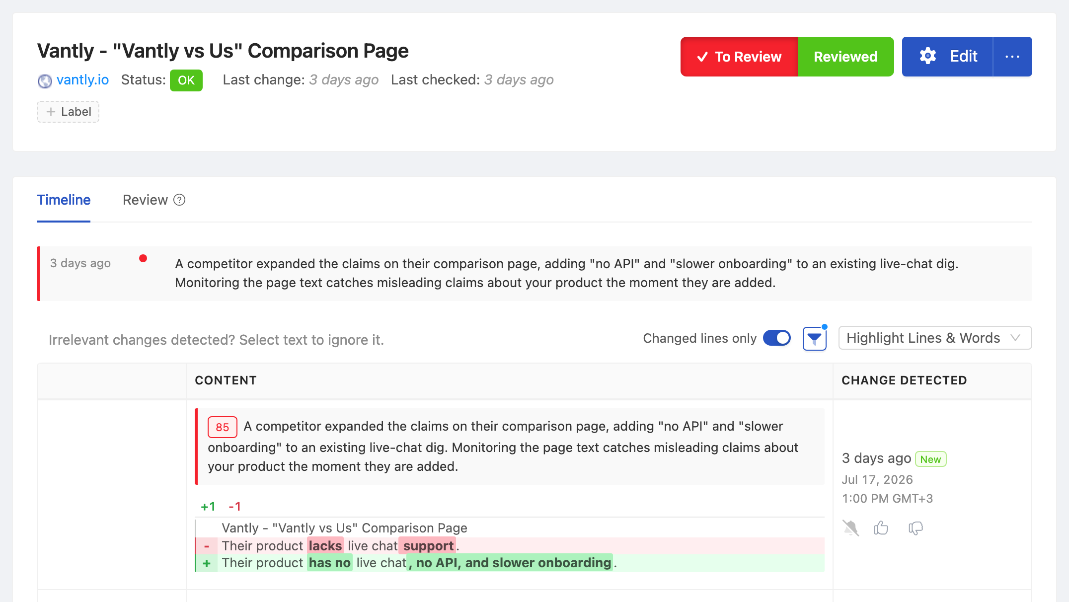 PageCrawl change diff for Competitor Comparison Page - Us vs Them, highlighting the added and removed text