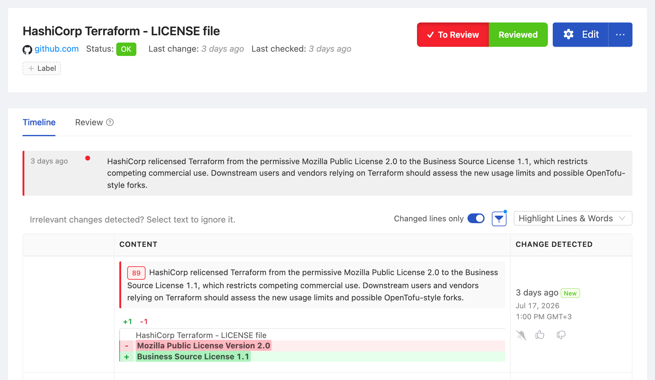 PageCrawl change diff for HashiCorp Terraform - LICENSE file, highlighting the added and removed text