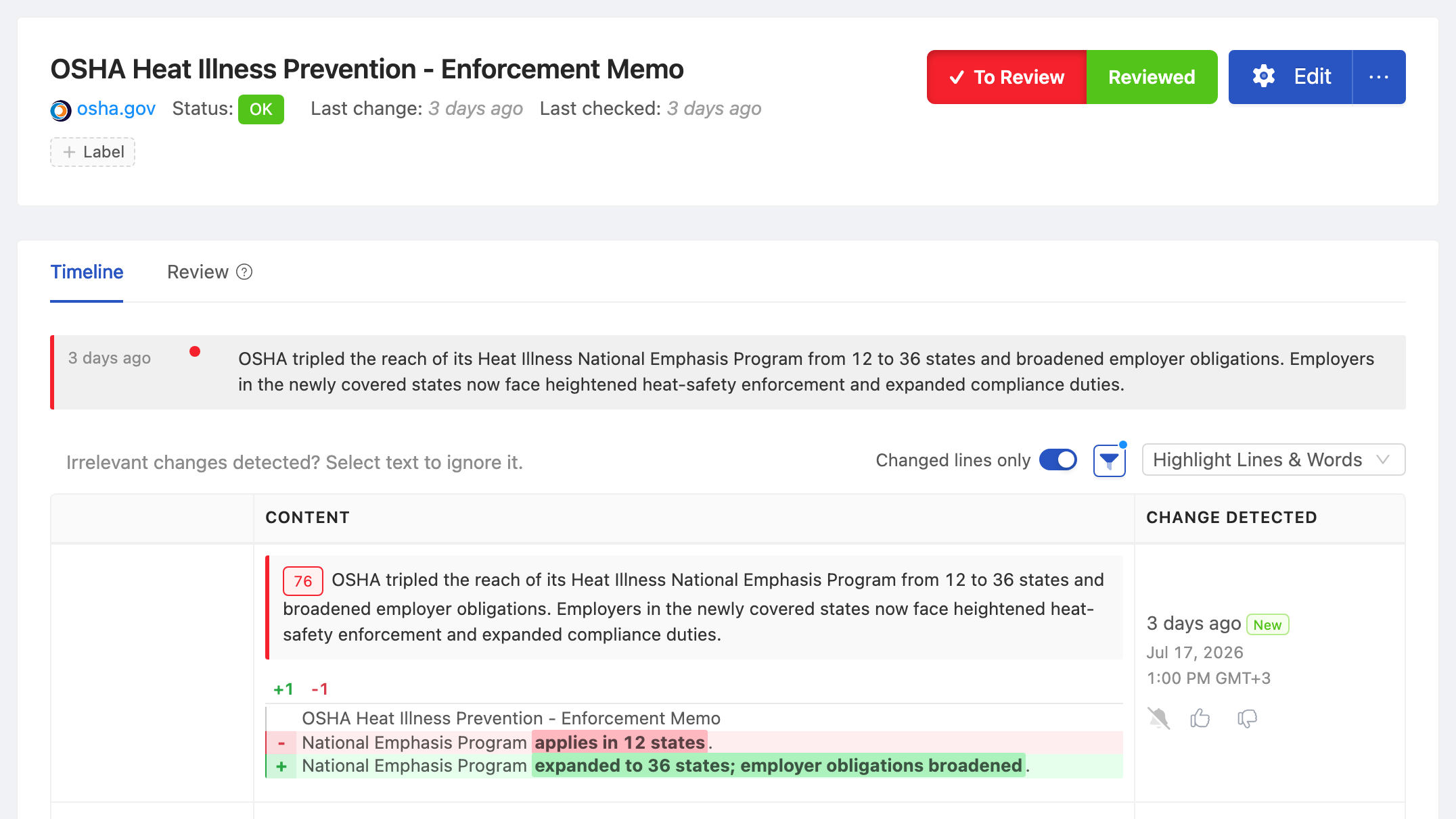 PageCrawl change diff for OSHA Heat Illness Prevention - Enforcement Memo, highlighting the added and removed text