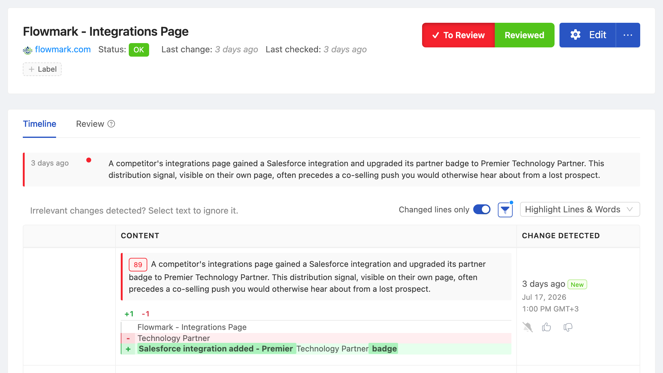 PageCrawl change diff for Competitor Integrations Page, highlighting the added and removed text