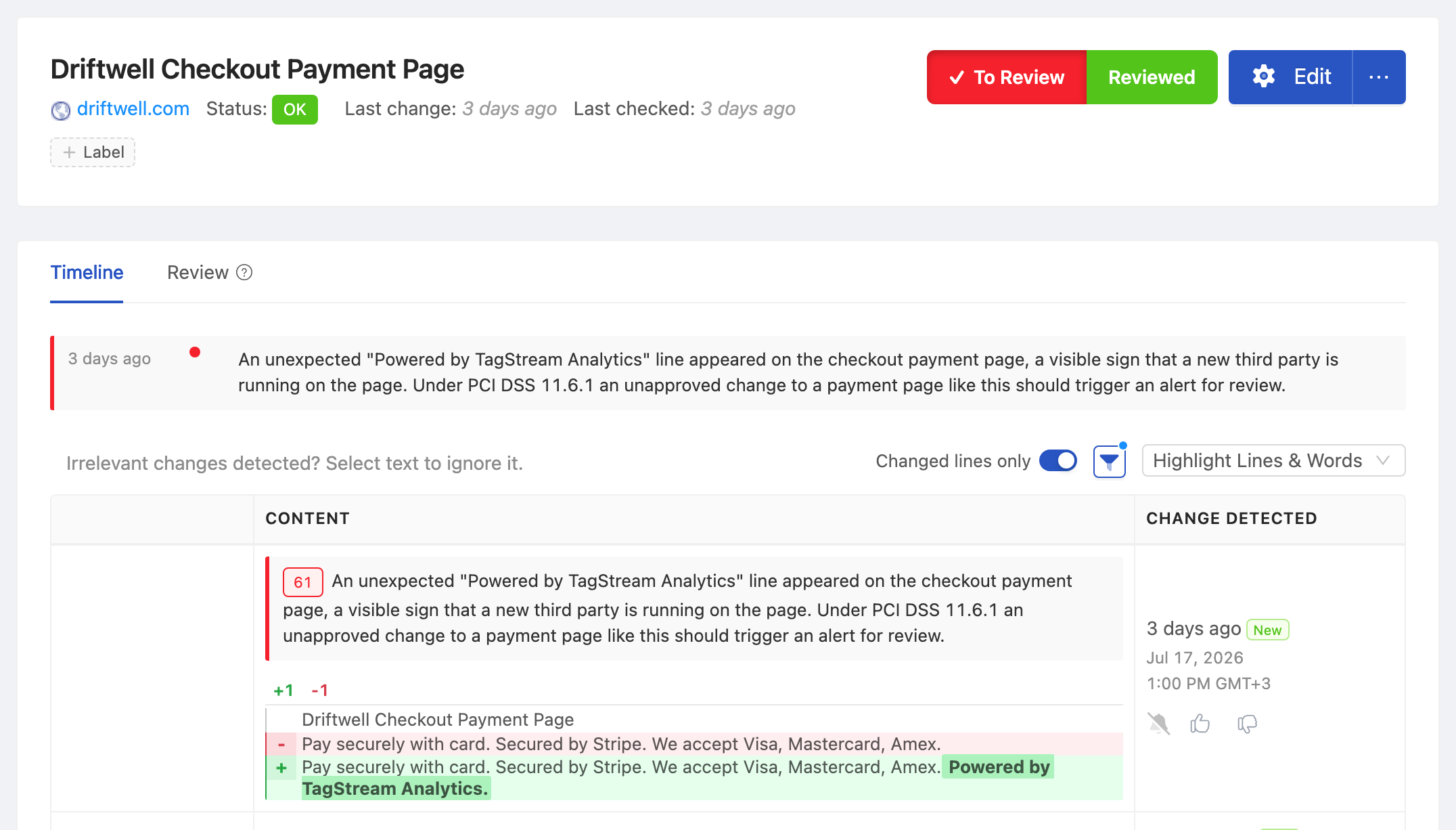 PageCrawl change diff for Checkout Payment Page - Script Inventory, highlighting the added and removed text