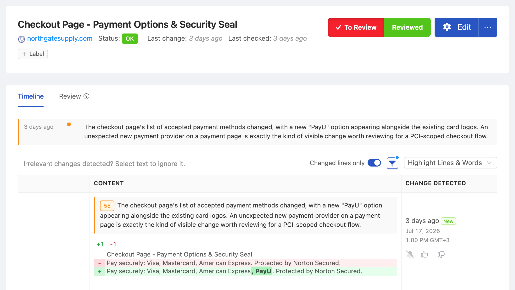 PageCrawl change diff for Payment Page Integrity Monitor - Checkout, highlighting the added and removed text