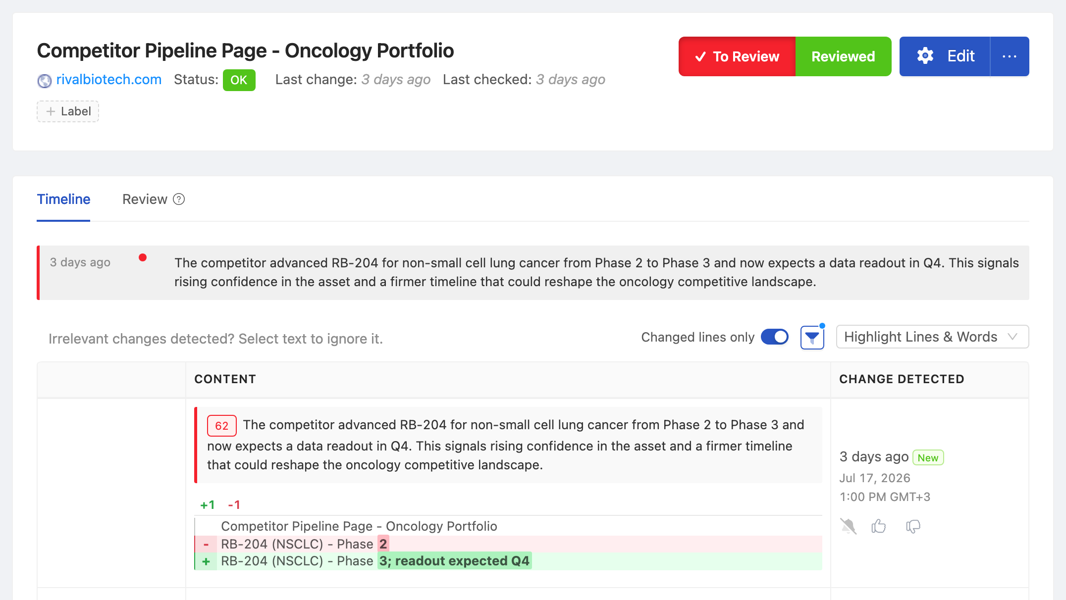 PageCrawl change diff for Competitor Pipeline Page - Oncology Portfolio, highlighting the added and removed text