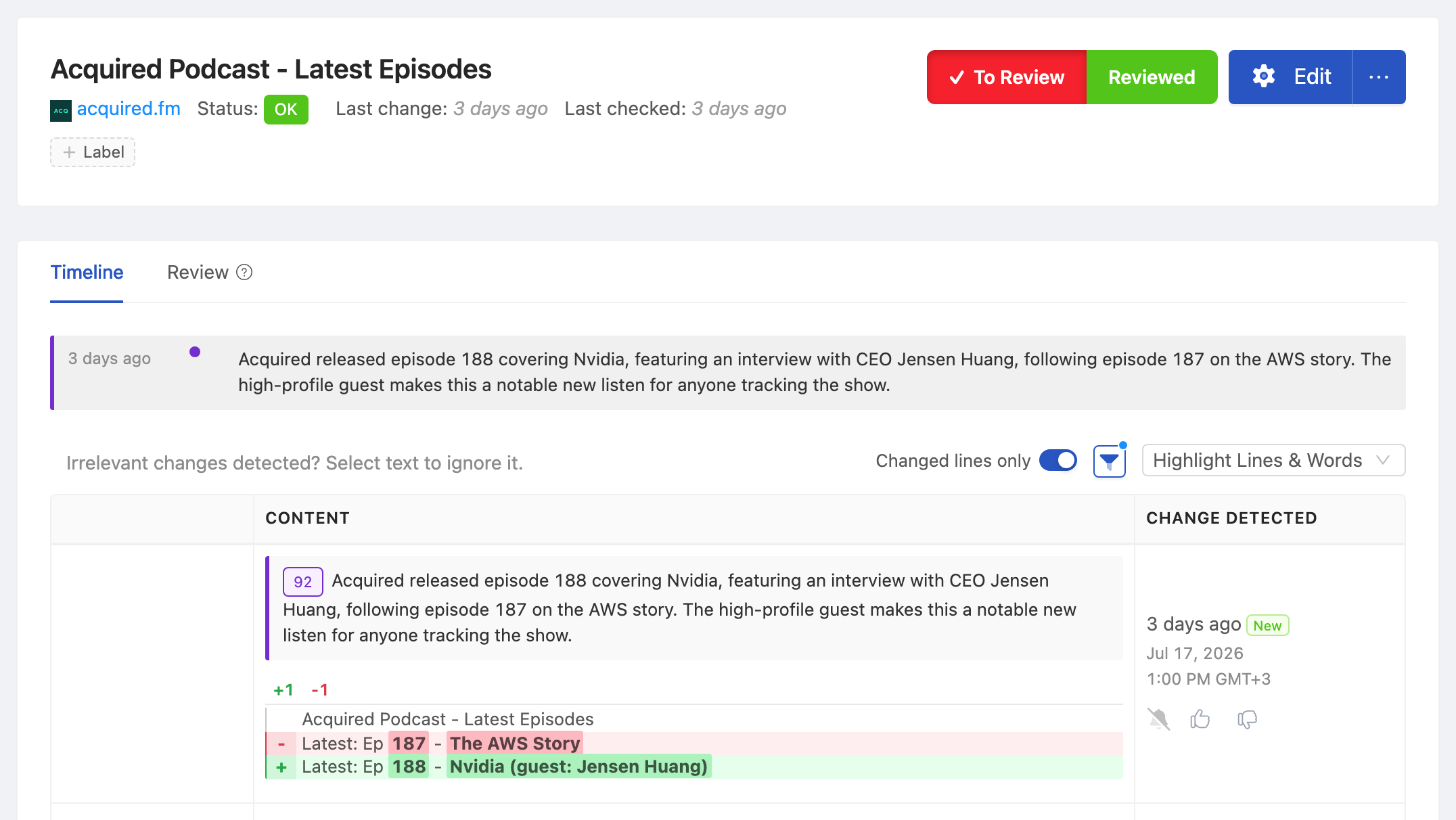 PageCrawl change diff for Acquired Podcast - Latest Episodes, highlighting the added and removed text