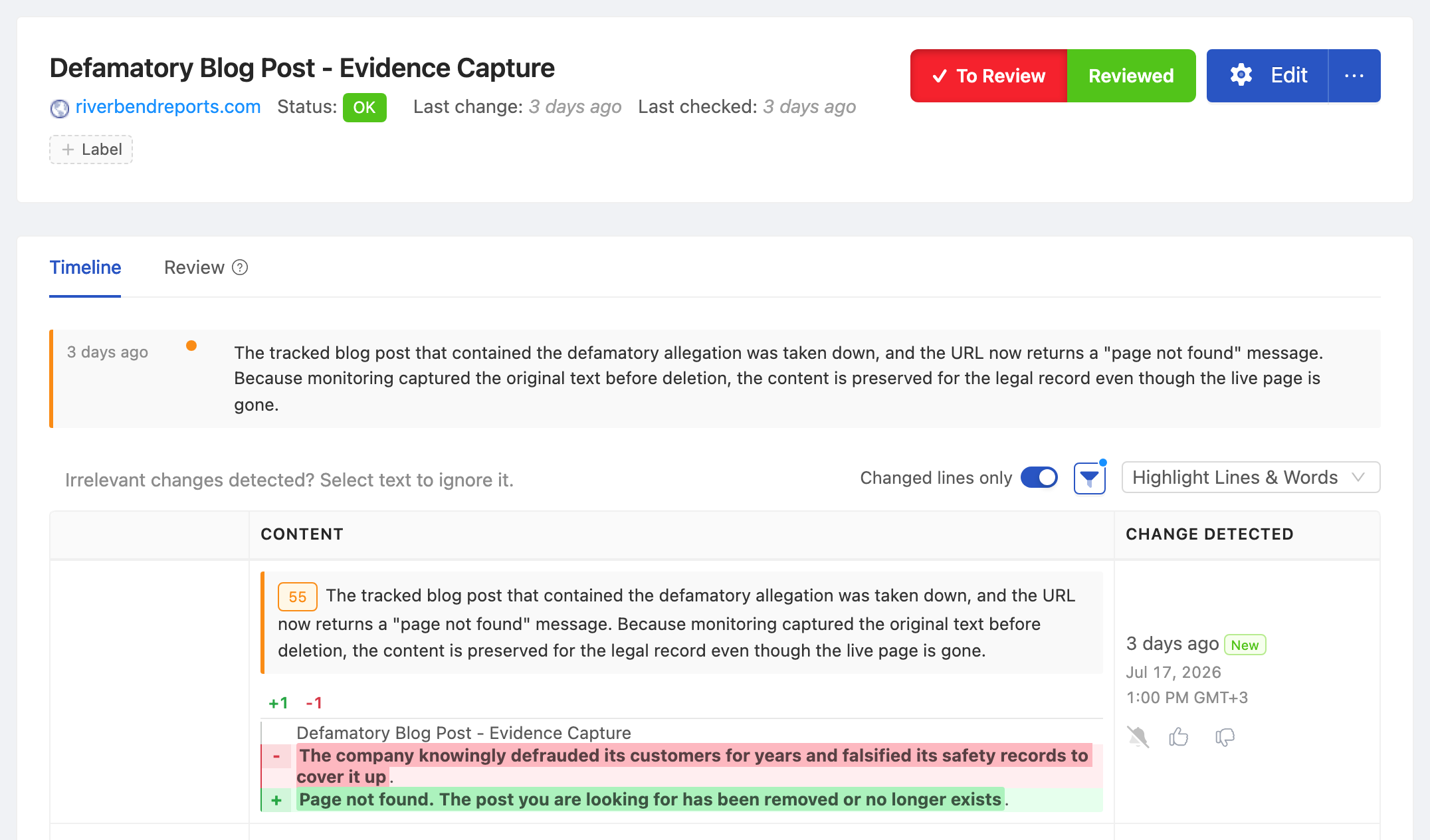 PageCrawl change diff for Defamatory Blog Post - Evidence Capture, highlighting the added and removed text