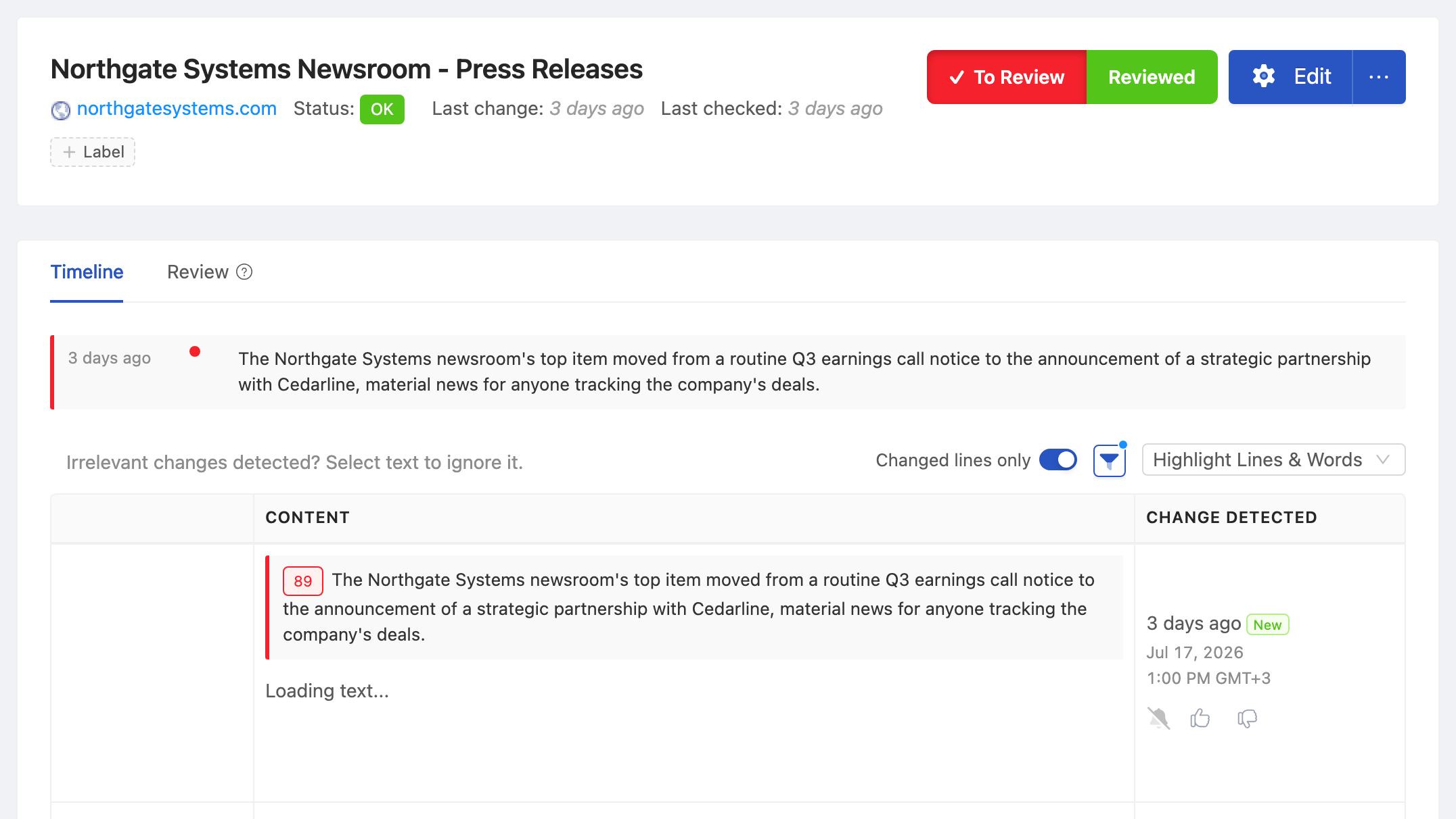 PageCrawl change diff for Competitor Newsroom - Press Releases, highlighting the added and removed text