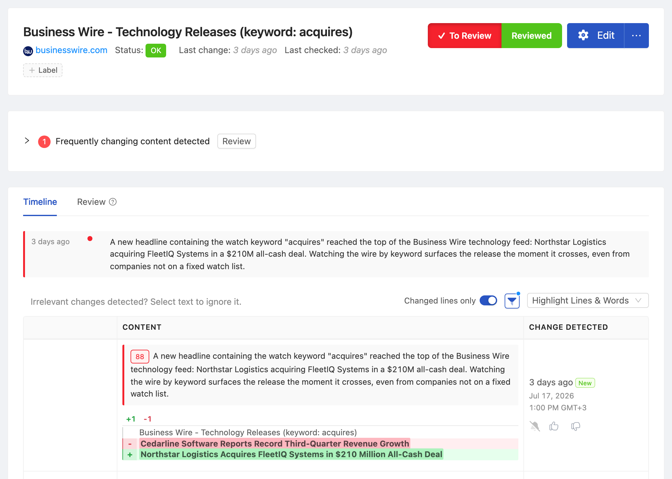 PageCrawl change diff for Business Wire - Latest Releases (keyword: acquires), highlighting the added and removed text