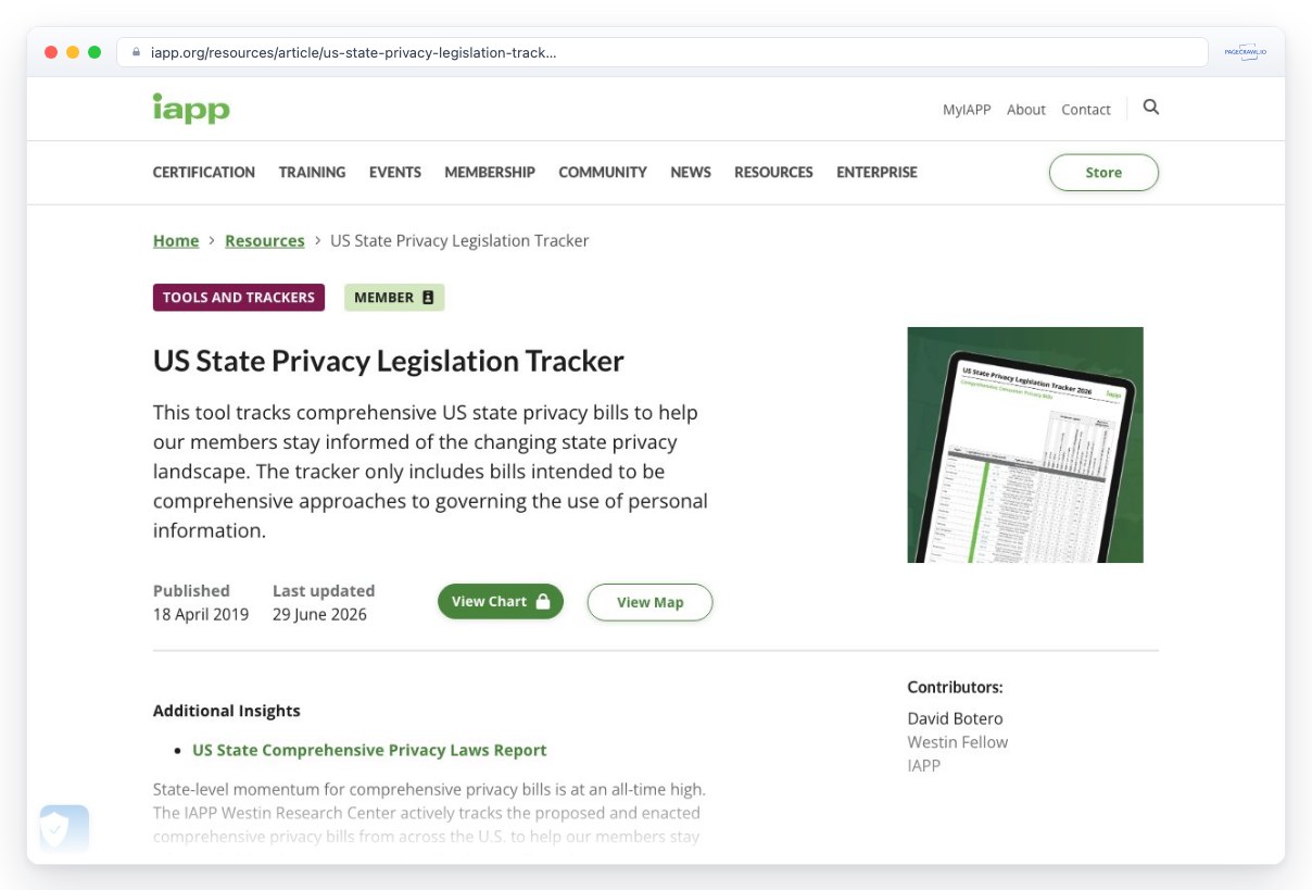 Screenshot of iapp.org in a browser window, an example of a page PageCrawl can monitor for changes