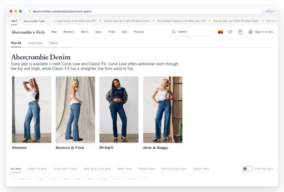 Screenshot of abercrombie.com in a browser window, an example of a page PageCrawl can monitor for changes