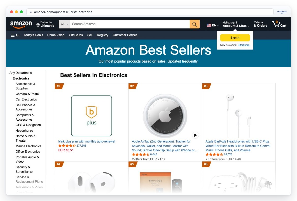Screenshot of amazon.com in a browser window, an example of a page PageCrawl can monitor for changes