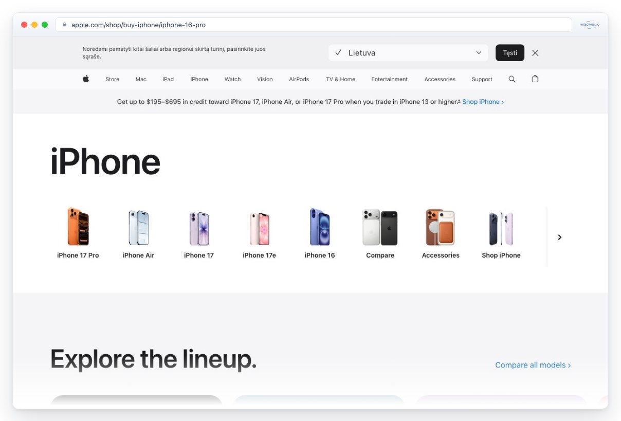Screenshot of apple.com in a browser window, an example of a page PageCrawl can monitor for changes