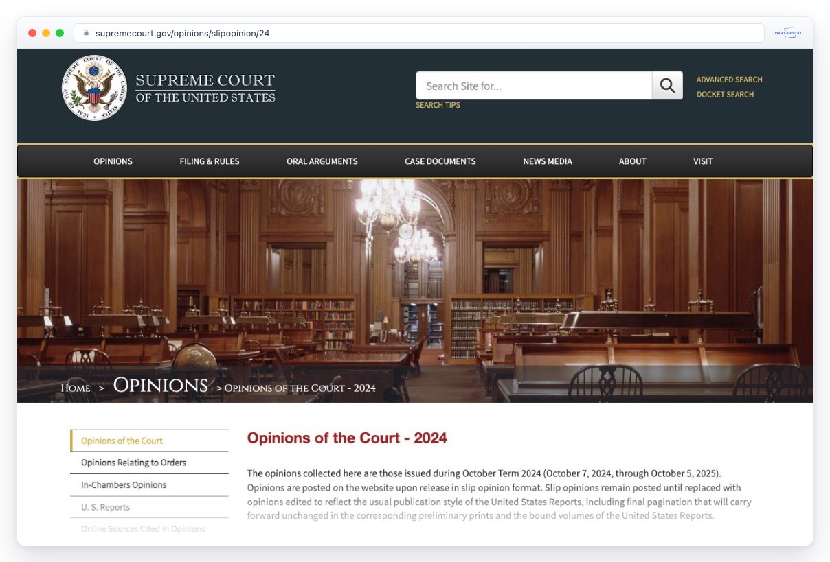 Screenshot of supremecourt.gov in a browser window, an example of a page PageCrawl can monitor for changes